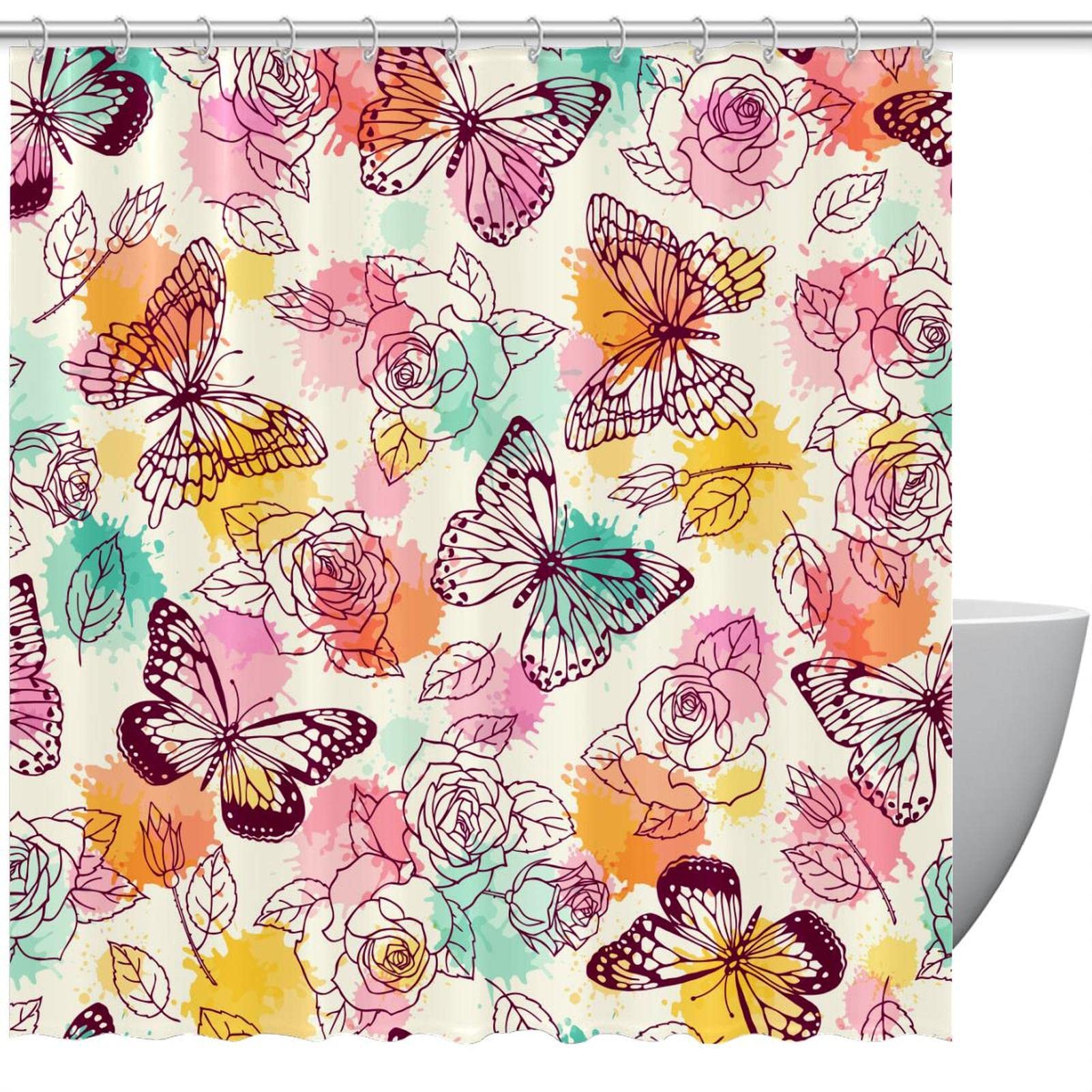 Rideau de douche coloré papillon en tissu haut de gamme lavable avec anneaux