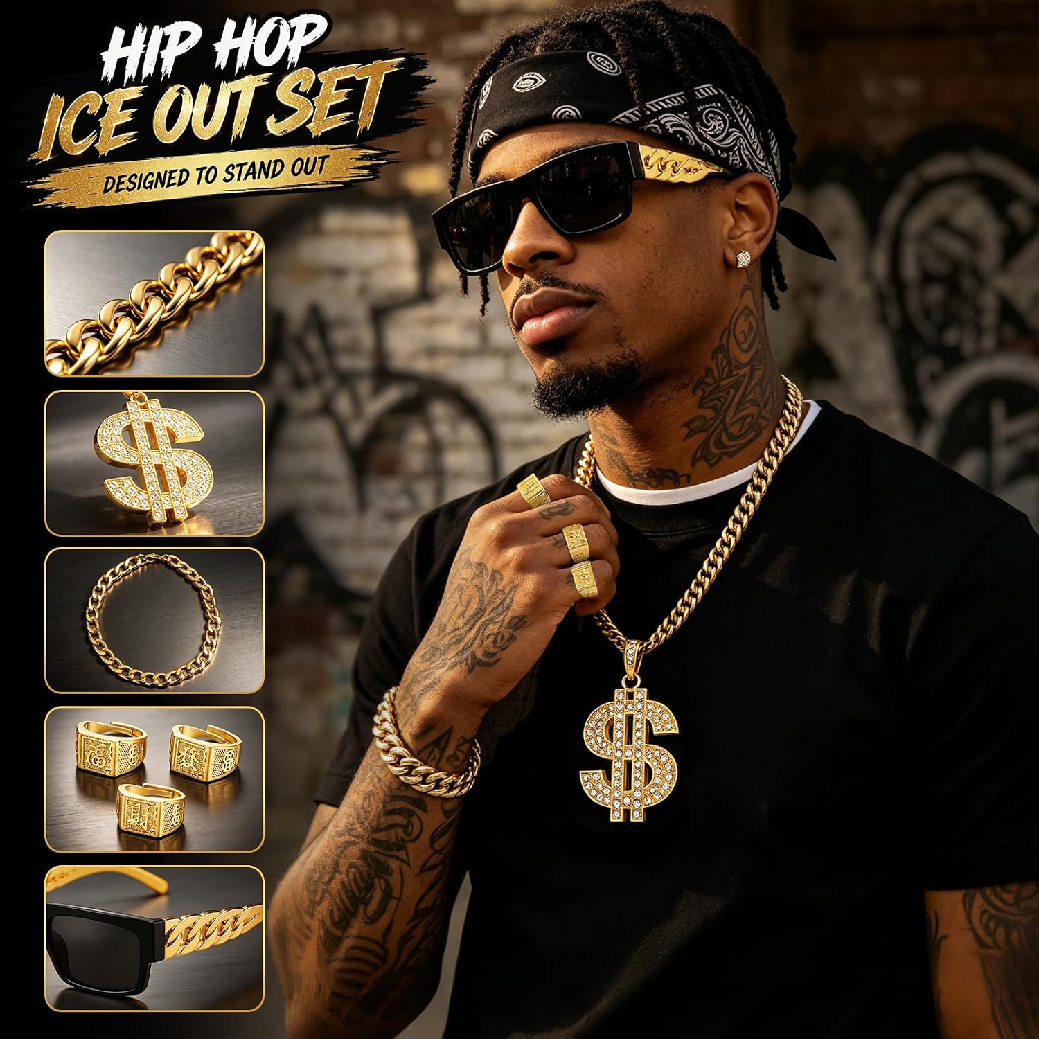 DISHIO Hip Hop Costume Accessories Set, 80s 90s Rapper Costume Kit for Men