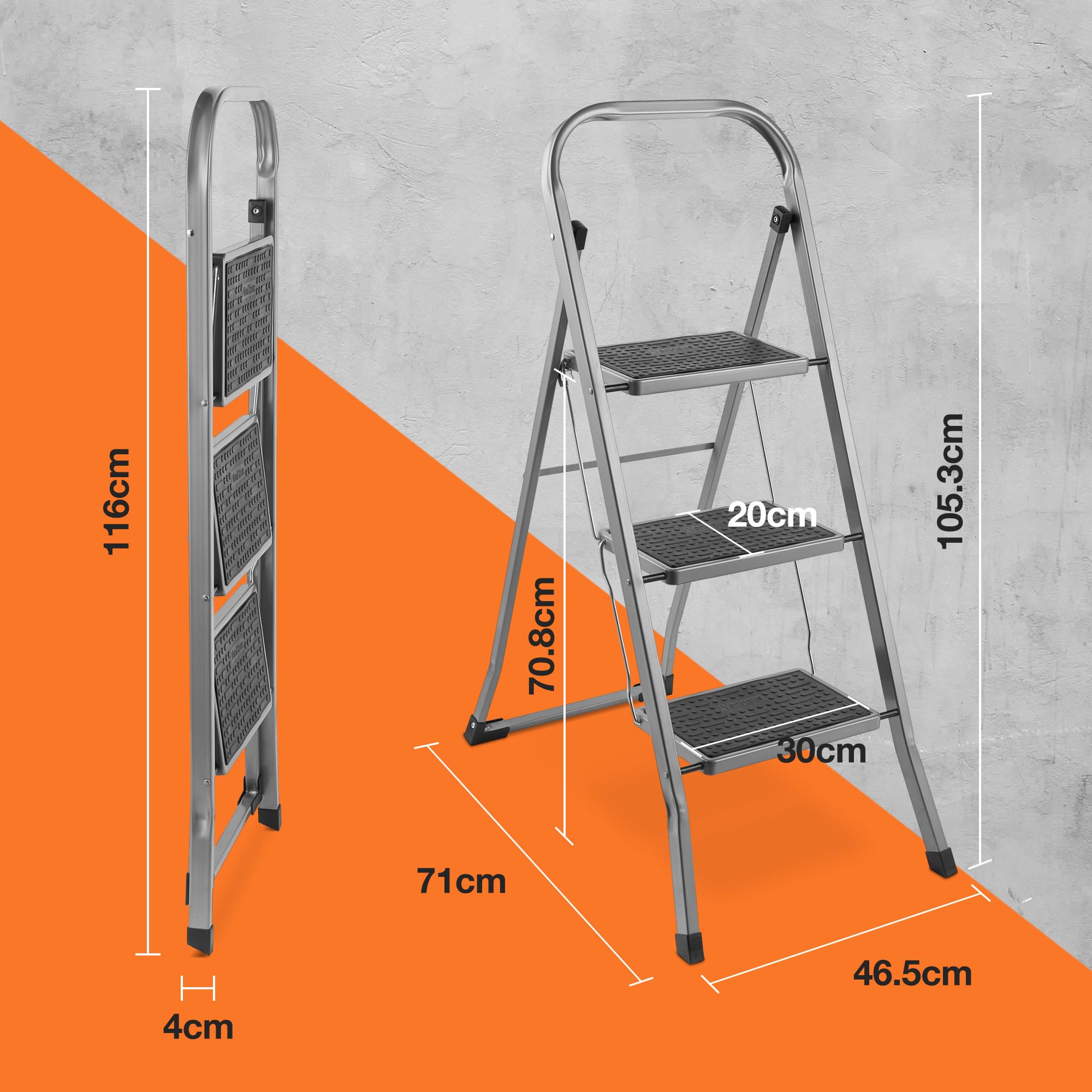 VonHaus Escalera Plegable de 3 Peldaños – Escalera de Tijera Antideslizante y Fácil de Guardar - Soporta hasta 150 Kg - Escalera Articulada Premium para Bricolaje y Jardinería – Acero Duradero