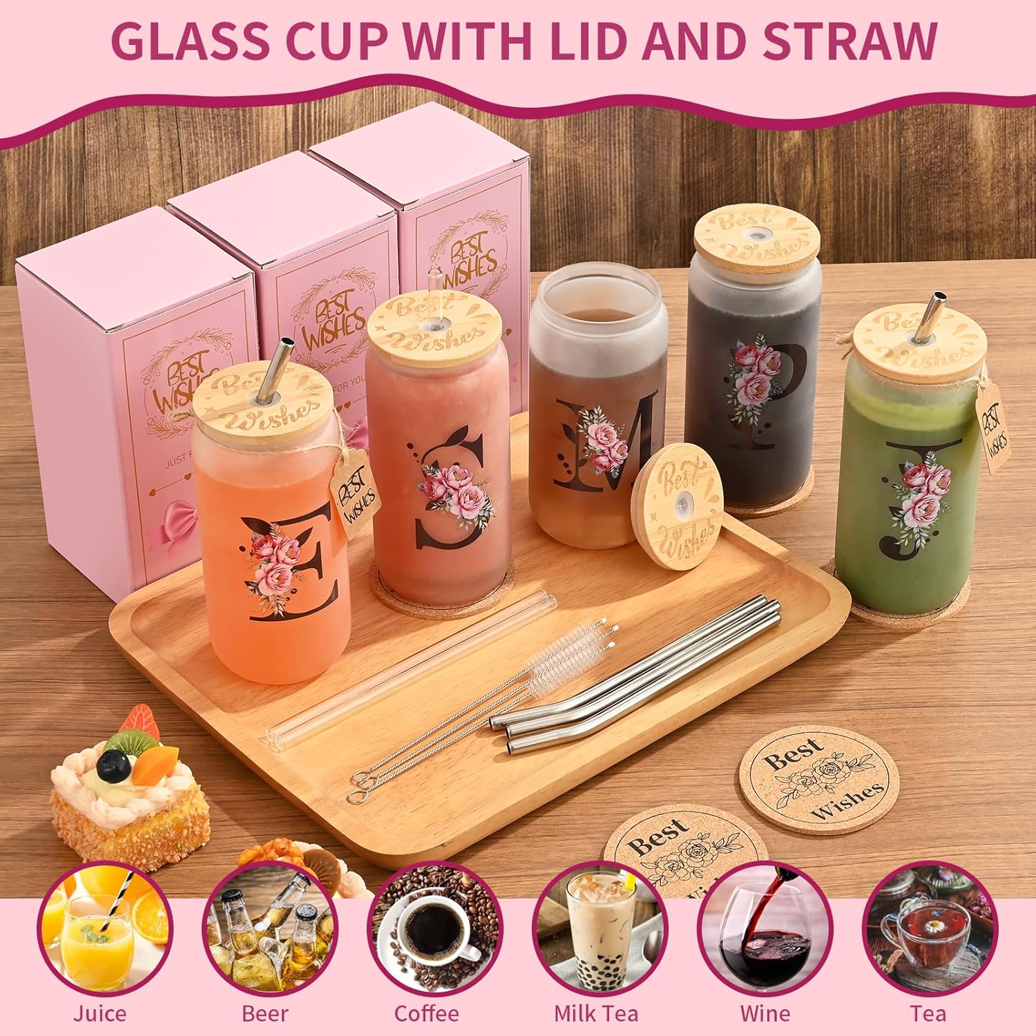 Personalized Initial Glass Cup for Women, HWJH 16oz Glass Cup with Lids and Straws, Monogrammed Gift Set, Frosted Reusable Tumbler with Gift Box & Cork Coaster for Iced Coffee, Valentine, Birthday (A) - Image 2