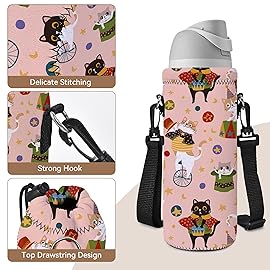 AUPET Water Bottle Sling Bag Carrier Crossbody Sleeve,Insulated Neoprene Bottle Case Holder Pouch Cover 500ML/17oz with Shoulder Strap for Walking Women Men (Cute Cat Circus)
