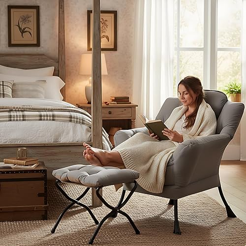 Miniatura 2 de Silla Lazy con otomana plegable, sillón moderno con reposabrazos y un bolsillo lateral y reposapiés plegable, silla de lectura de ocio para sala de