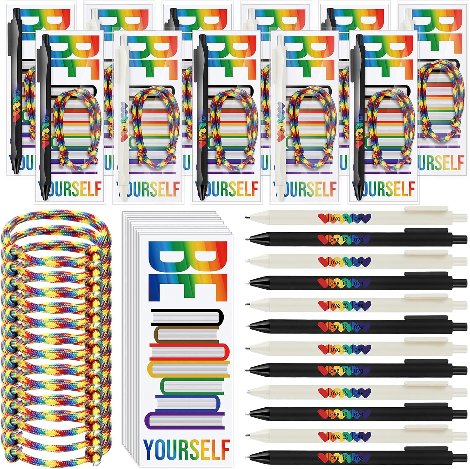 50 Sets LGBTQ Gifts Gay Pride Bulk LGBT Party Favors Lesbian Rainbow Pen Bracelets Ballpoint Pens Love is Love Proud of You Gifts Bookmarks for Pride Month Trans LGBT