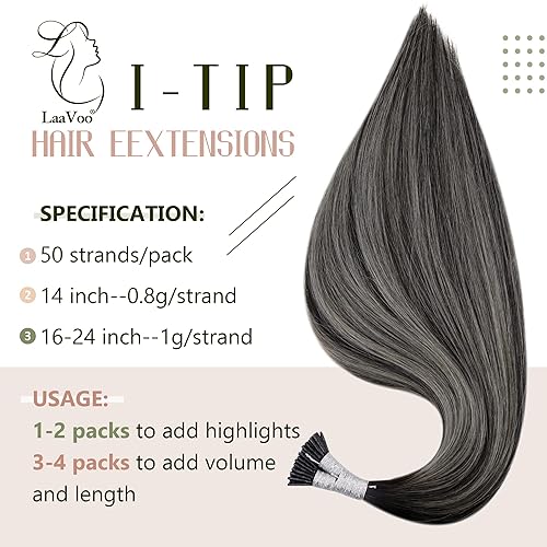 Miniatura 5 de LaaVoo Itip - Extensiones de cabello humano real, mezcla de negro natural, color gris plateado, balayage, extensiones de cabello humano con punta I