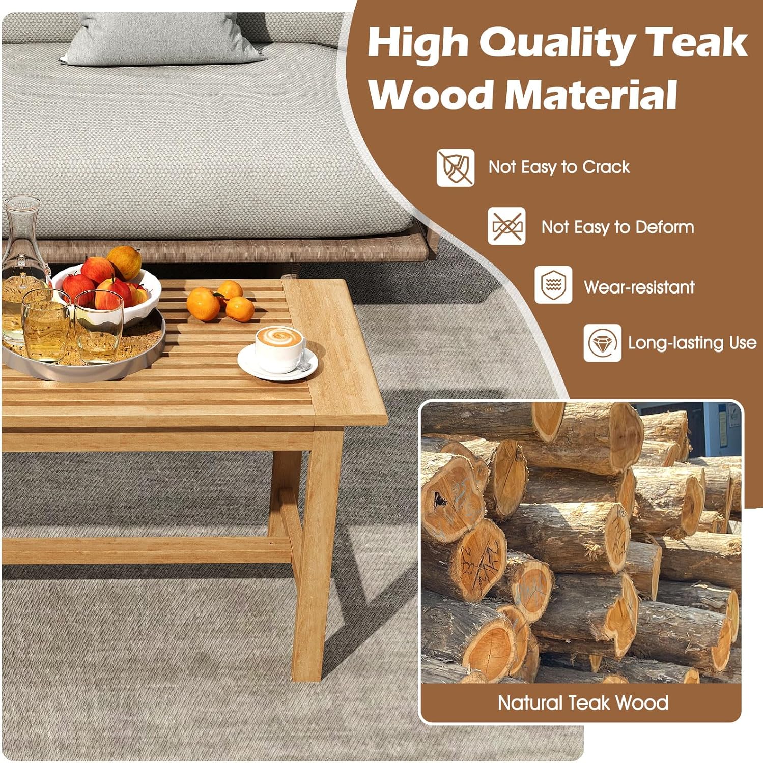 Tangkula 36” Patio Coffee Table, Solid Wood Coffee Table with Slatted Tabletop, Outdoor Rectangular Side Table, Solid Teak Wood Cocktail Tea Table, Home Accent Table for Poolside, Backyard, Garden