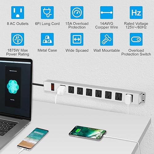 Miniatura 3 de JUNNUJ Regleta de alimentación de metal de 8 tomas, tira de alimentación de montaje resistente, protector de sobretensiones de 1200J con tornillos