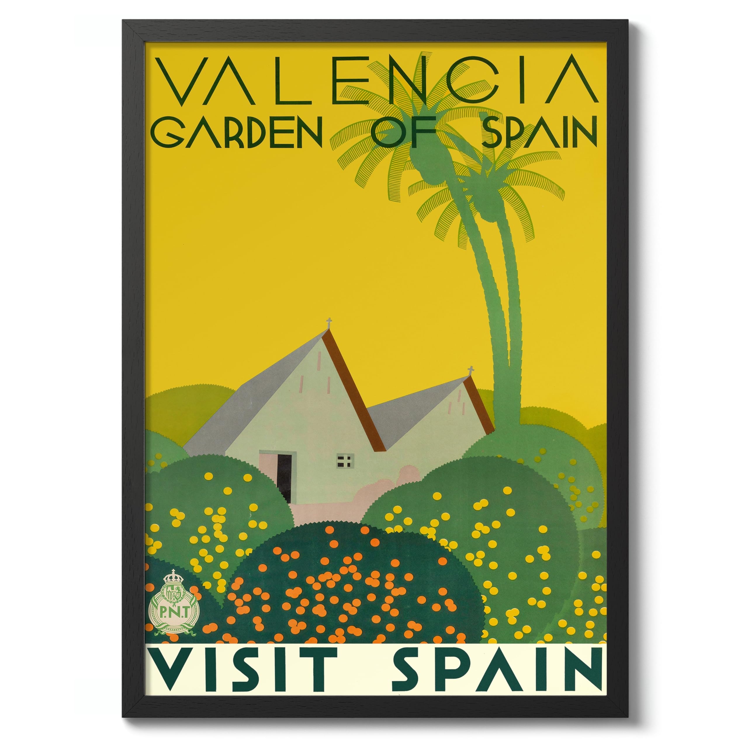 Valencia Garden Of Spain Vintage Spanish Travel Poster, Retro Spain Tourism Print, Decoration Wall Art Seville Landmark Bedroom Decor, A3 (Black Frame) - 45x32.8cm