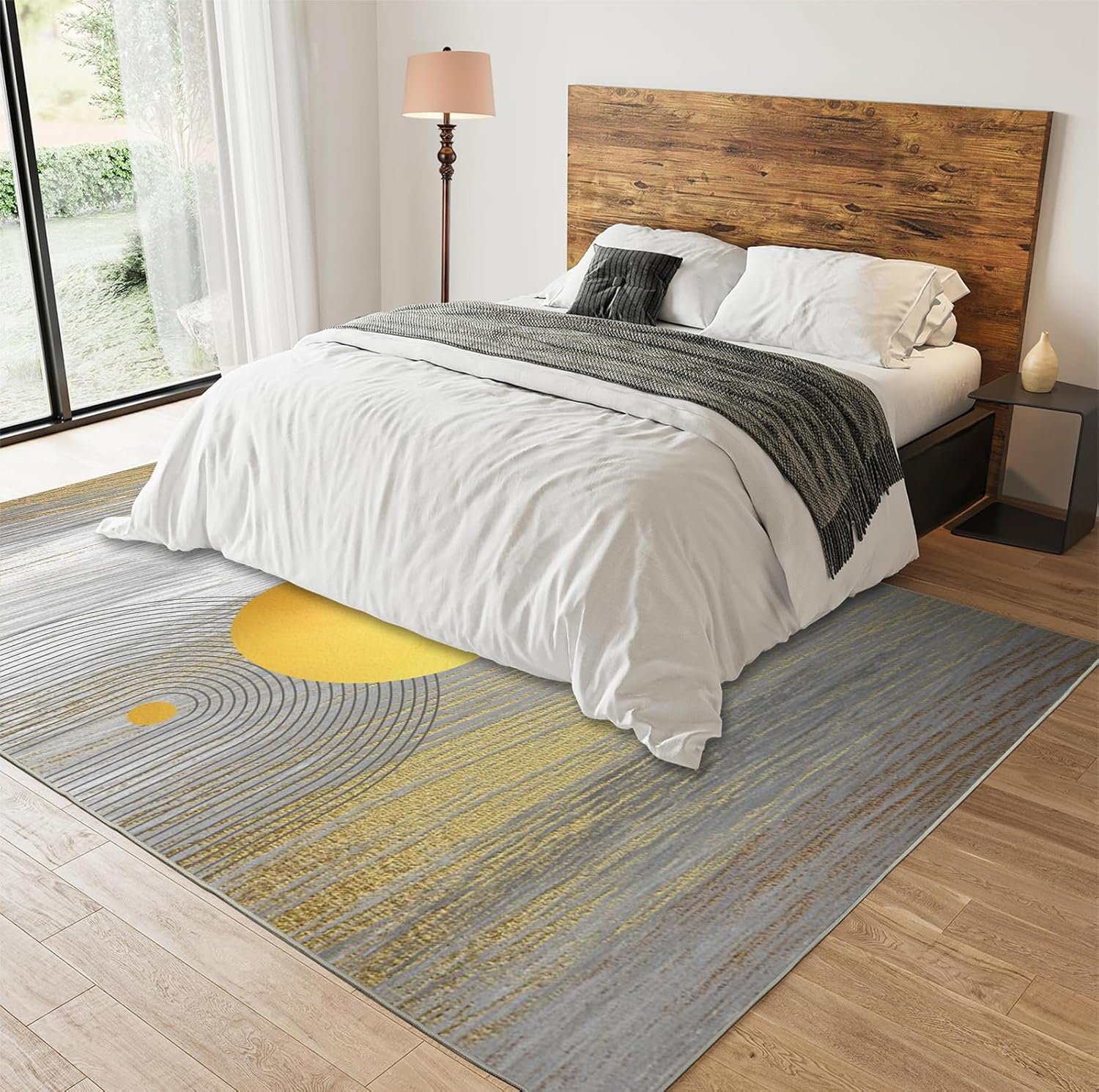 Yellow Sun Lines Boho Rug 3x4 Indoor Non Slip Doormat, Retro Gray and Gold Graffiti Rugs for Entryway Washable Rug, Low-Pile Front Door Welcome Rug Carpet