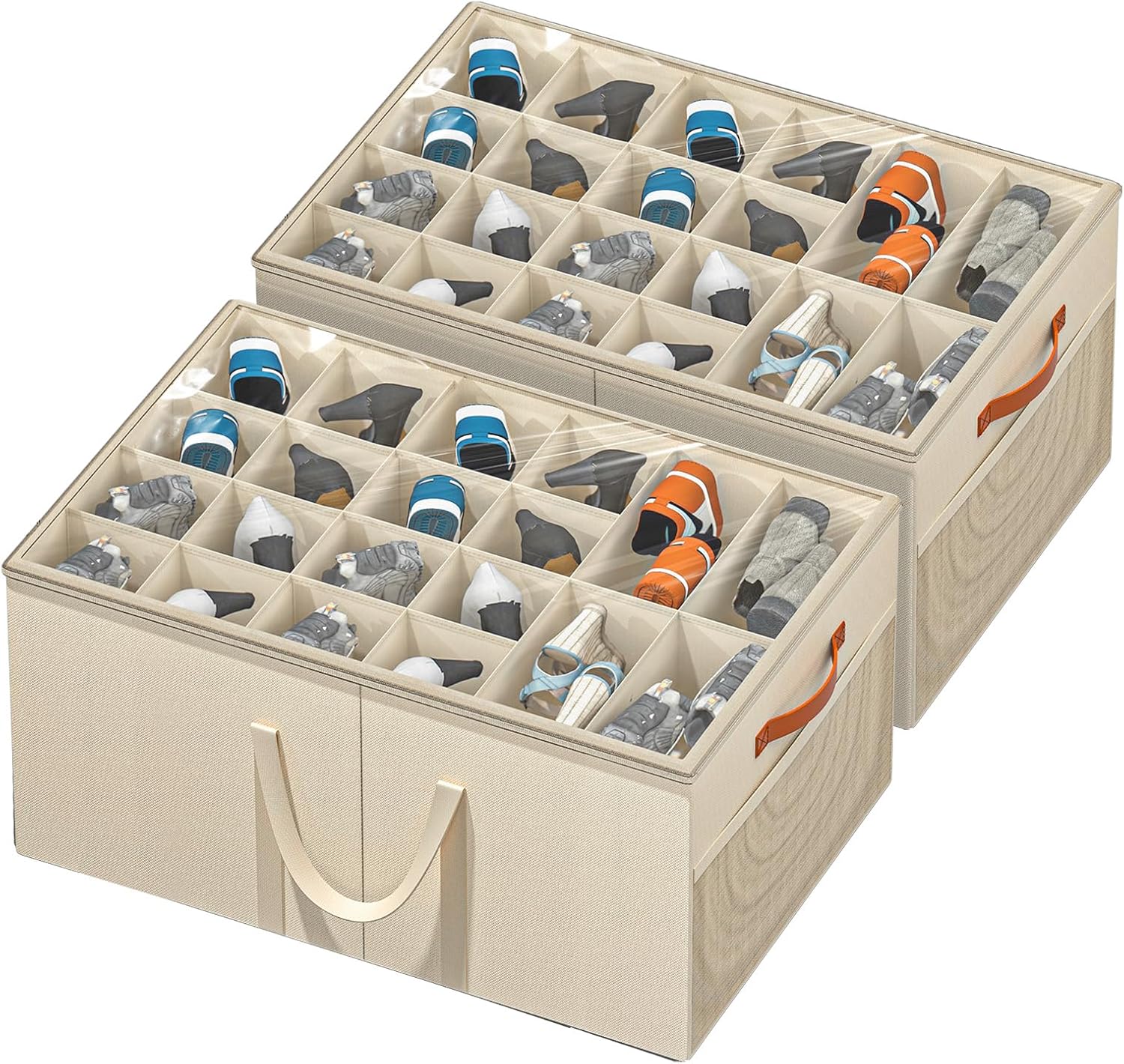 Aokeyee Shoe Storage Organizer for Closet, Large Shoe Box Storage Containers with Clear Cover and Reinforced Handles, Foldable Shoe Storage Organizer Box Bin, Fits to 20-24 Pairs, 2 Pack (Beige)