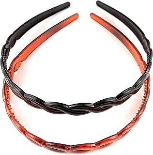 Brown Black 2 headband set plastic thin skinny narrow grip teeth braid twist 3/8 inch wide