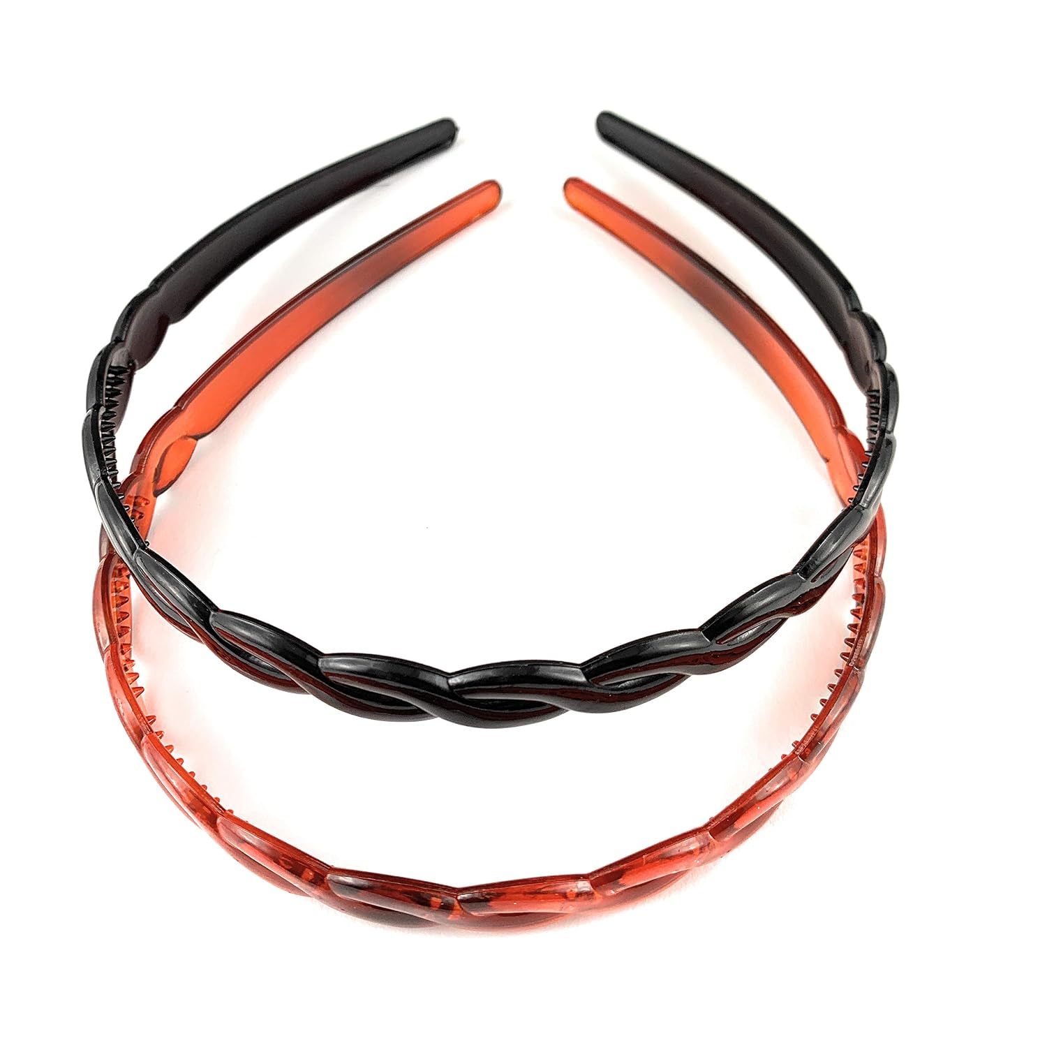 Brown Black 2 headband set plastic thin skinny narrow grip teeth braid twist 3/8 inch wide