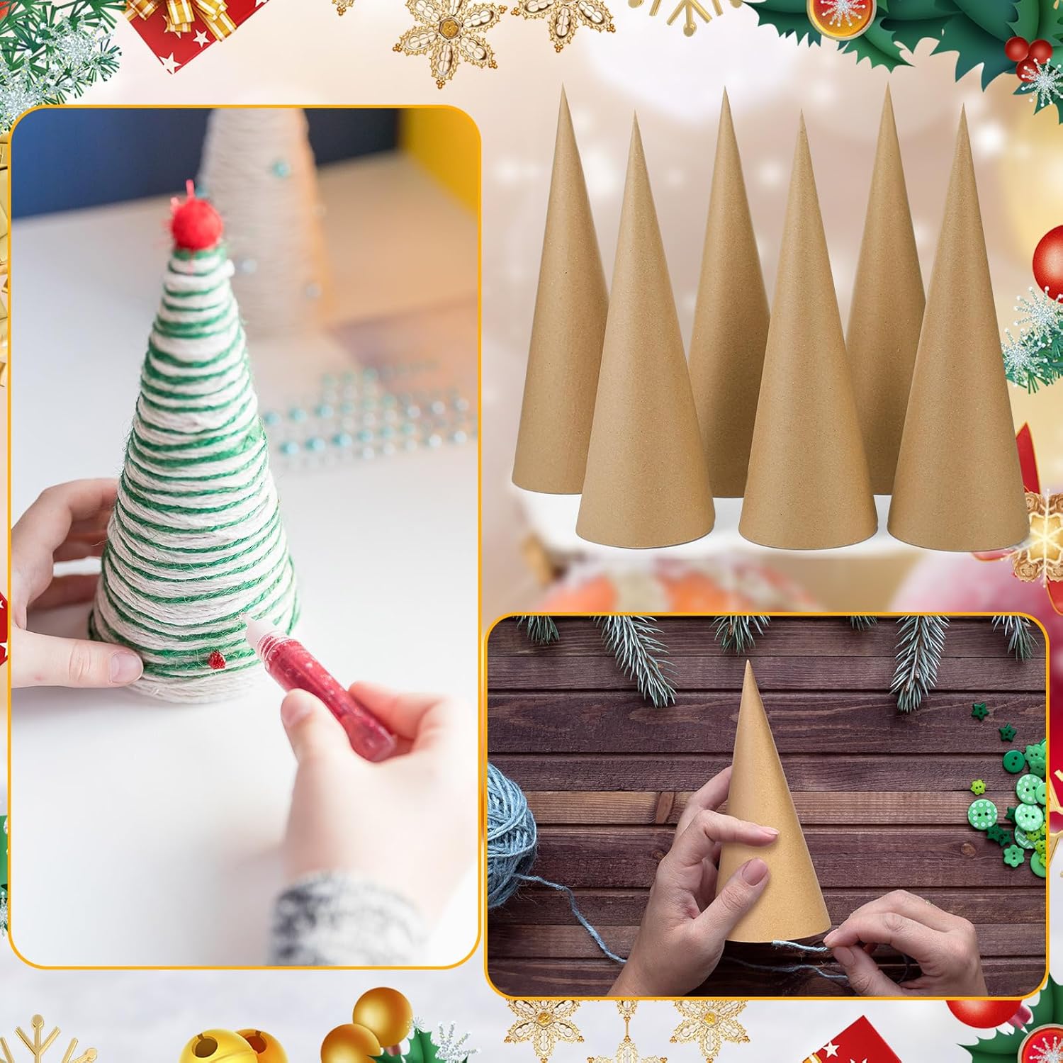 Zhanmai 6 Pcs Paper Mache Cones Brown Craft Cones Open Bottom 13.8 x 5 Inch Cardboard for DIY Gnomes Ornament Tree Decorations Art Crafts Home Decoration