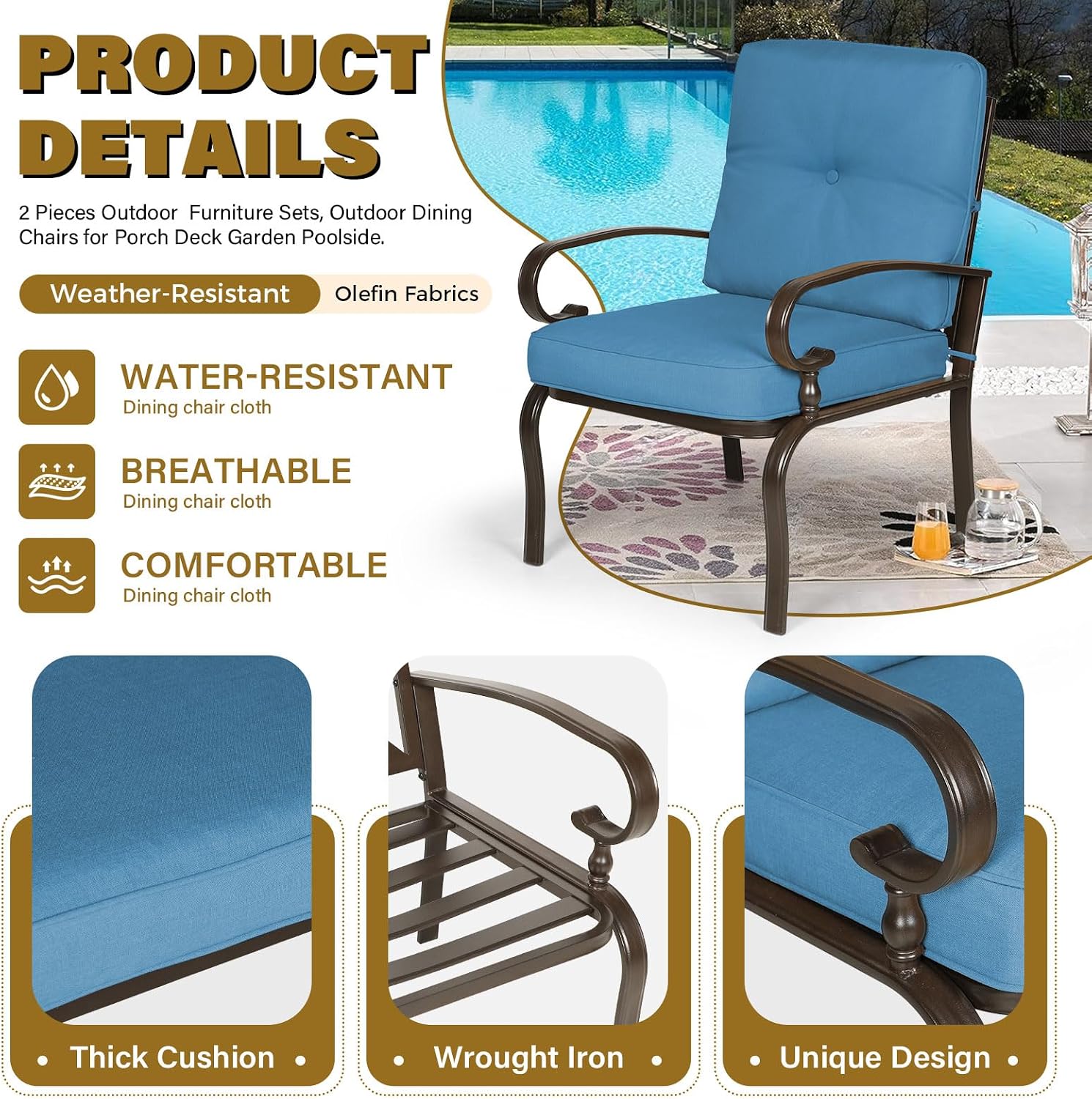 Incbruce Metal Outdoor Dining Chairs Patio Chairs Set of 2, Wrought Iron Chair Steel Frame Restaurant, All-Weather Garden Seating Chair with Arms and Seat Cushions (Peacock Blue)
