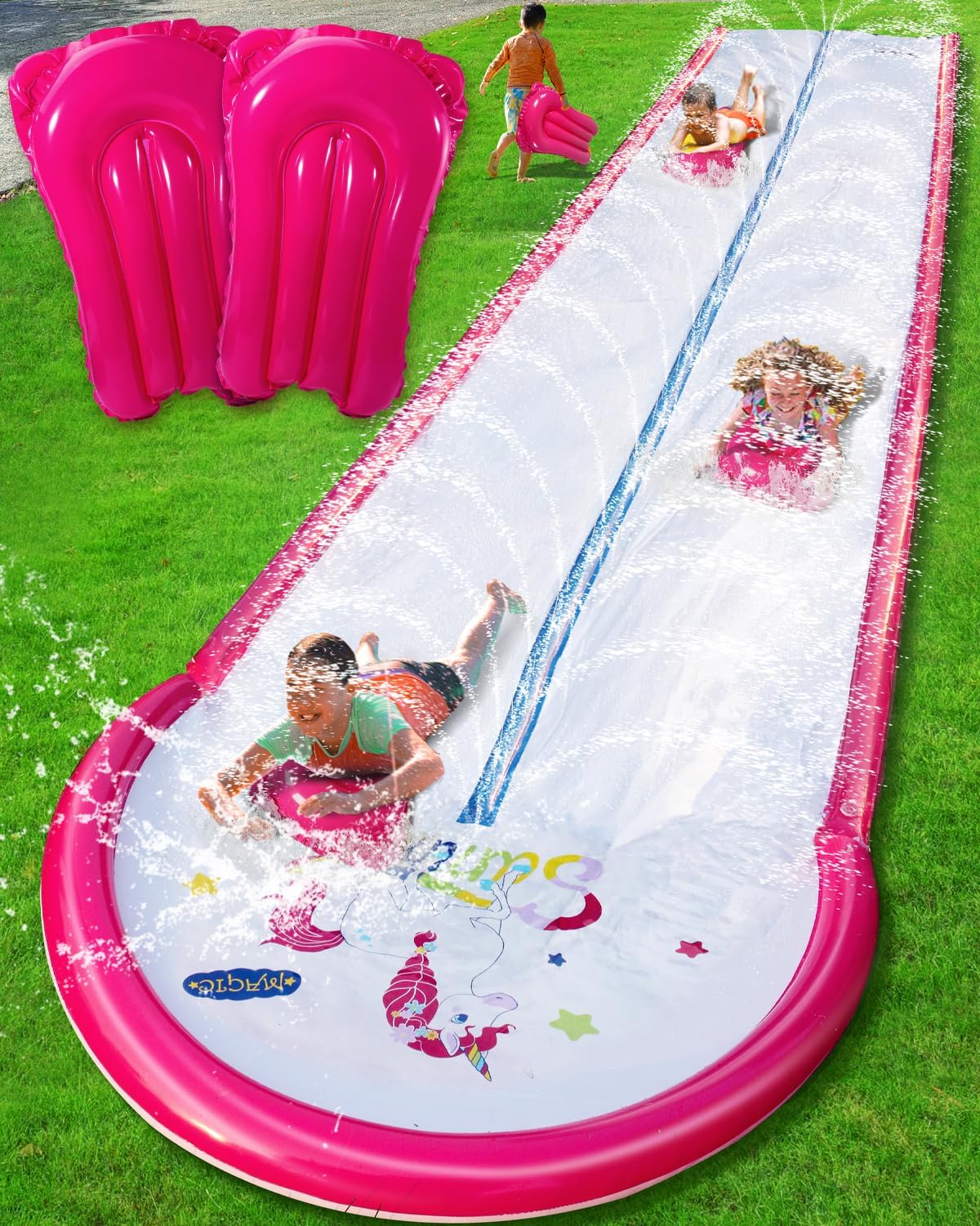 22ft Slip and Water Slide with 2 Inflatable Bodyboards，Pink Water Slide with Sprinkler for Kids Backyard，Summer Water Toys for Kids Outside，Lawn Water Slide