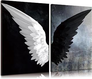 2pcs Black And White Angel Wings Canvas Wall Art Mondern Abstract Angel Feather Wall Decor Pictures Guardian Angel Posters Prints Paintings for Bedroom Bathroom Living Room Decoration Prepare To Hang