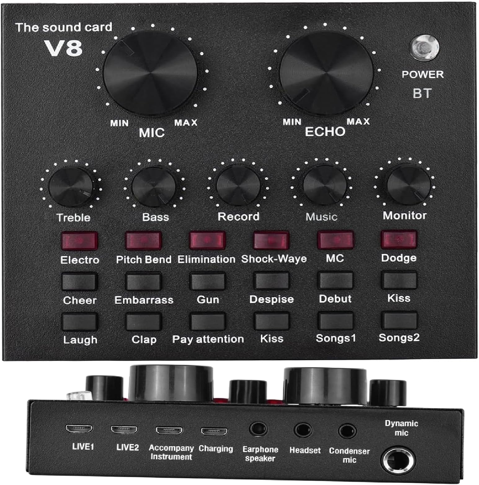 Powerpak V8 Portable Audio Mixer Interface, Bluetooth Sound Card for Streaming/Recording/Podcast/Voice Change/Karaoke/Gaming/Singing and Sound Effects Compatible with iOS/Android/Windows | Black