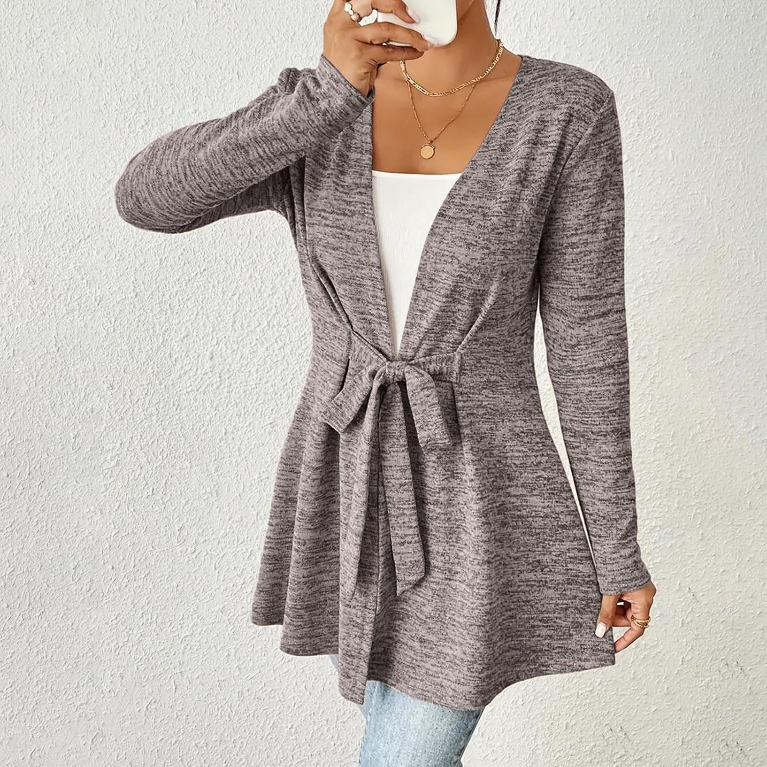 YRAETENM Summer Cardigans for Women Lightweight Long Sleeve Casual Dressy Sweater Loose Tie Front Beach Coverups with Pockets