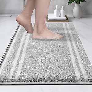 PURRUGS Bathroom Rug Non-Slip Machine Washable 20" x 30", Super Absorbent and Quick Dry Shaggy Microfiber Bath Mat, Extra Soft and Plush Bath Rug for Bathtub, Shower and Sink, Light Grey