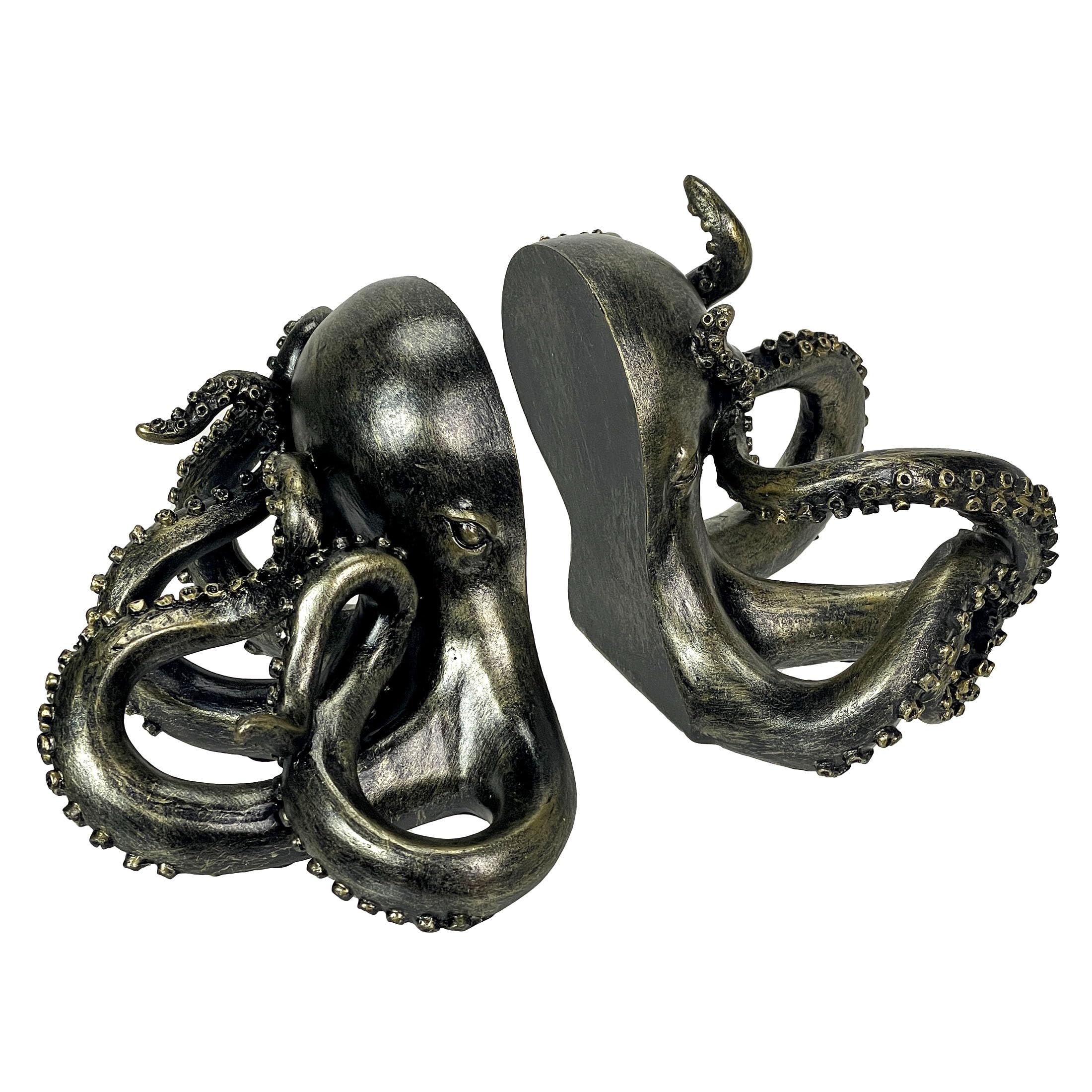 Zeckos Octopus - Bronze Bronze Octopus Bookends Set Of 2 – Nautical Coastal Polyresin Sculptures For Bookshelves, Office, Bedroom, Library – Distressed Painted Finish, Ocean Animal Decor, Unique Gift, Felt Pad Feet