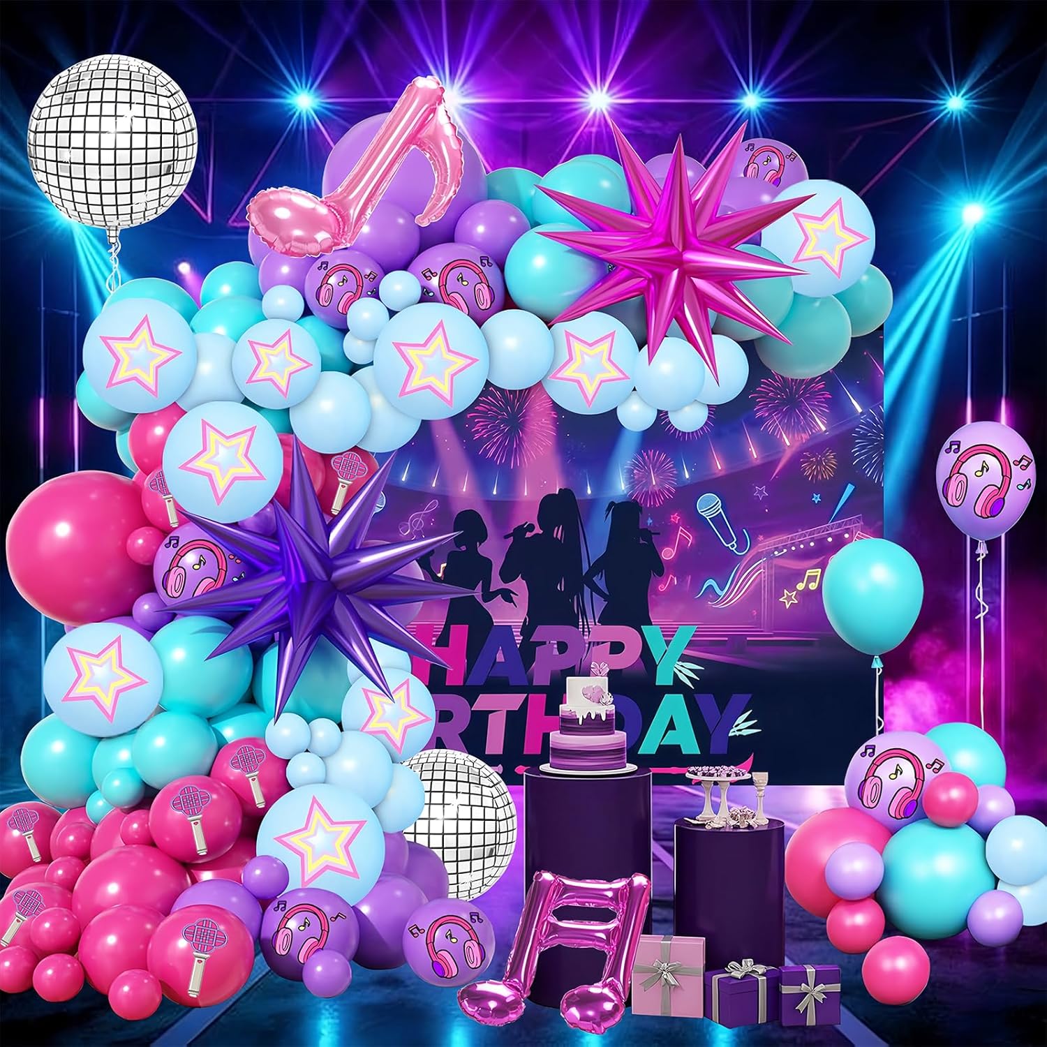 126 Piece Purple Blue And Pink Balloon Arch Kit, With Musical Symbols Print Balloons For Cartoon Magical Music Themed Birthday Party Decorations, Boys And Girls Gatherings Party Supplies