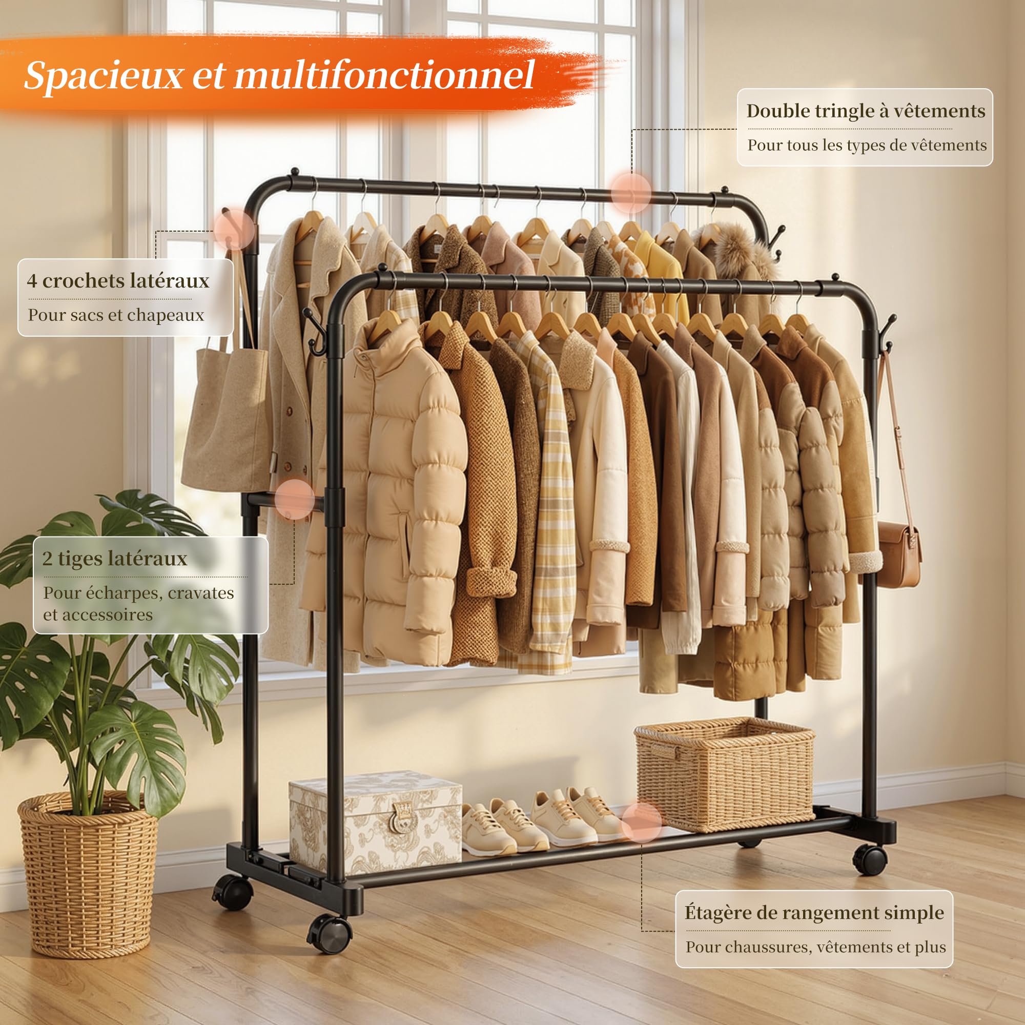 Portant Vetement Solide à Roulettes avec 4 Crochets & Anti-dérapant, Portant à Vêtements Double Tringle, Porte-vêtements Penderie Vetement Dressing pour Pulls, Manteaux, Chemises, Charge 75 kg