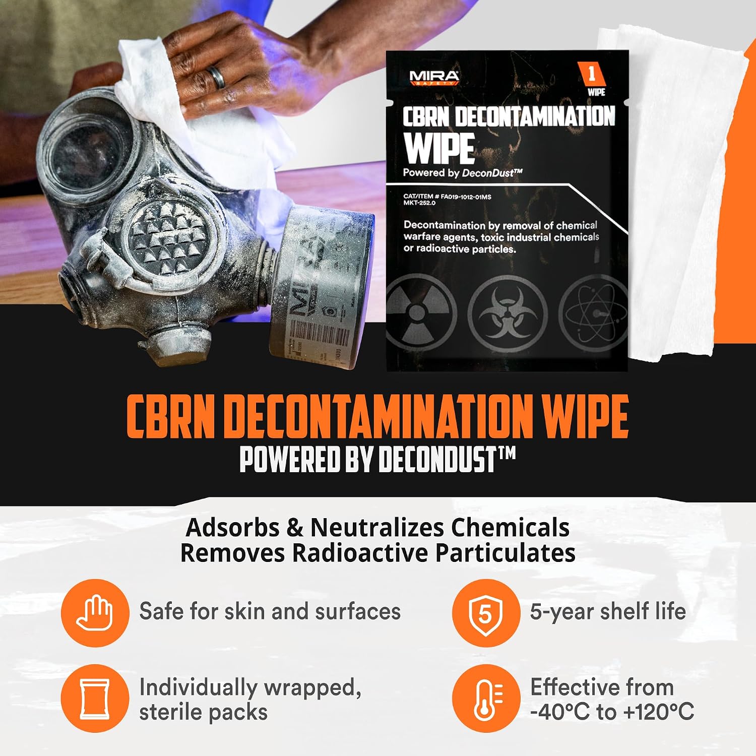 MIRA Safety CBRN Decontamination Wipe Powered by DeconDust™, 1 Pack | Use cases: Chemical/Radiological/Nuclear Decon · PPE/Gear · First Responder & Preparedness · Pepper Spray & Tear Gas Decon