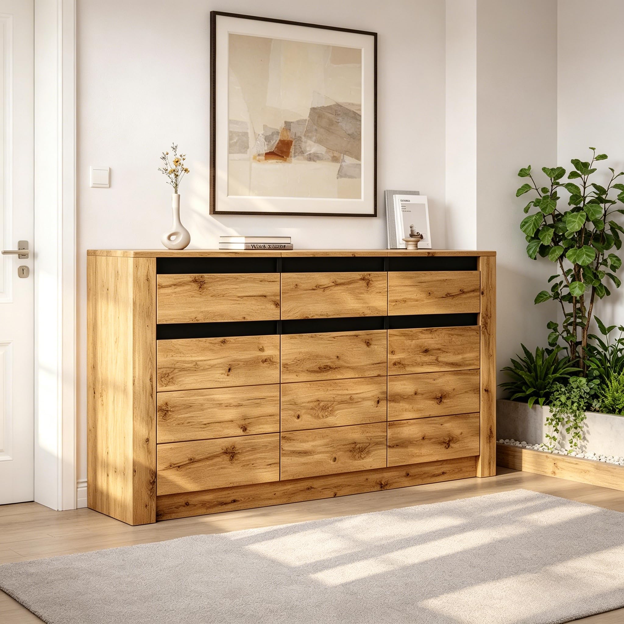 Kredens 135 x 35 x 70 cm, duża przestrzeń do przechowywania z 3 szufladami, 3 drzwi, komoda do salonu, jadalni, sypialni, korytarza, szafka bufetowa, płyta wiórowa, szafka pomocnicza, kolor drewna