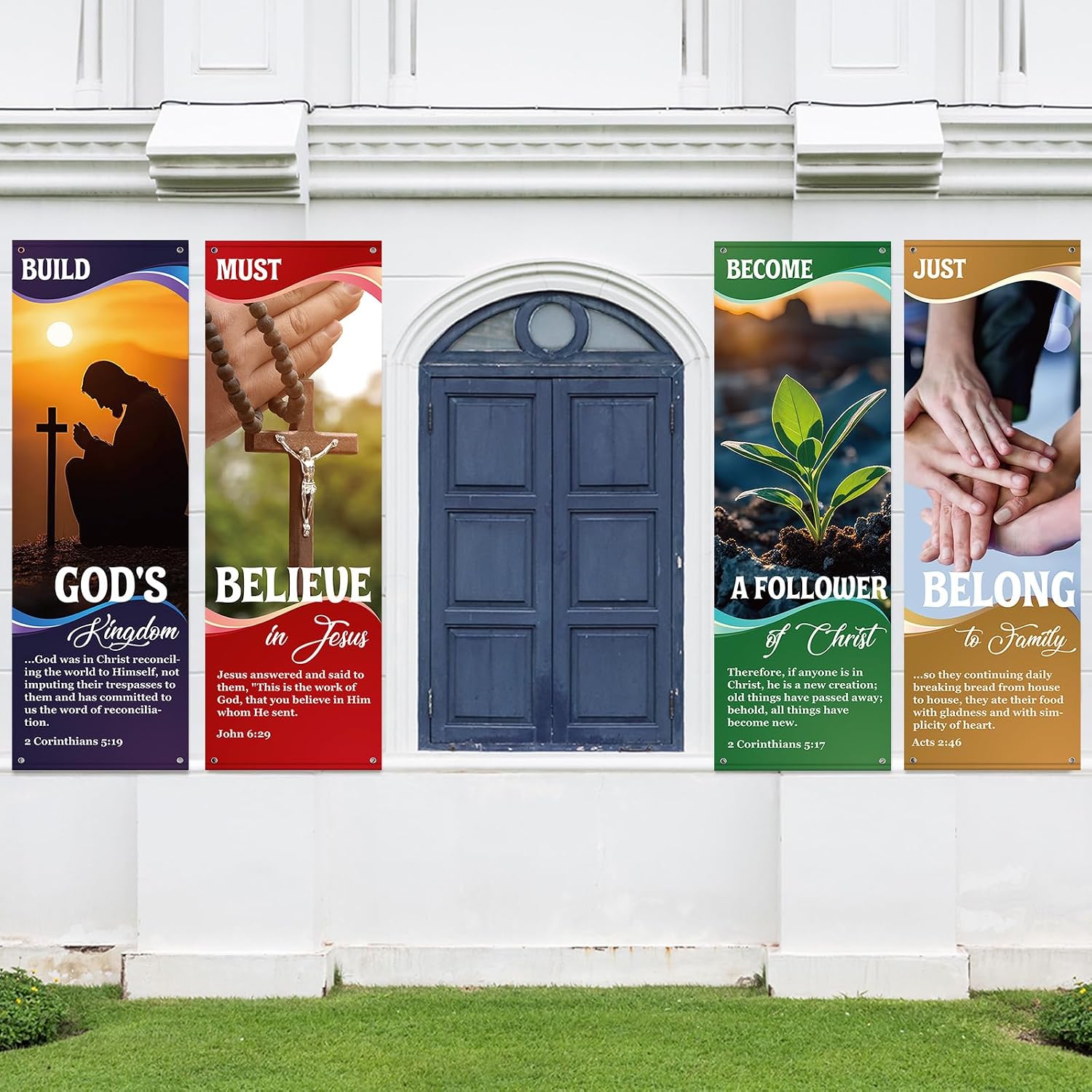 4Pcs Church Banners for Sanctuary Wall Welcome Inspirational Religious Banners Hanging Backdrop Christian Jesus Faith Church Banner with Scripture Bible Verse Exquisite Banner for Holiday School Decor