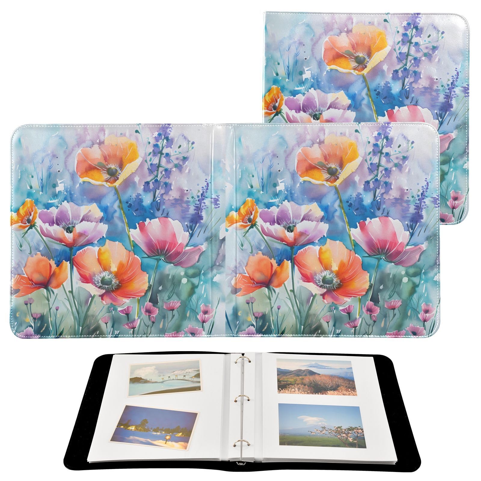 JIPONI Watercolor Field Flowers Large Photo Album, DIY Leather Cover Scrapbook Albums for 4x6 5x7 6x8 Pictures, Self Adhesive Memory Book for Wedding, Baby, Family
