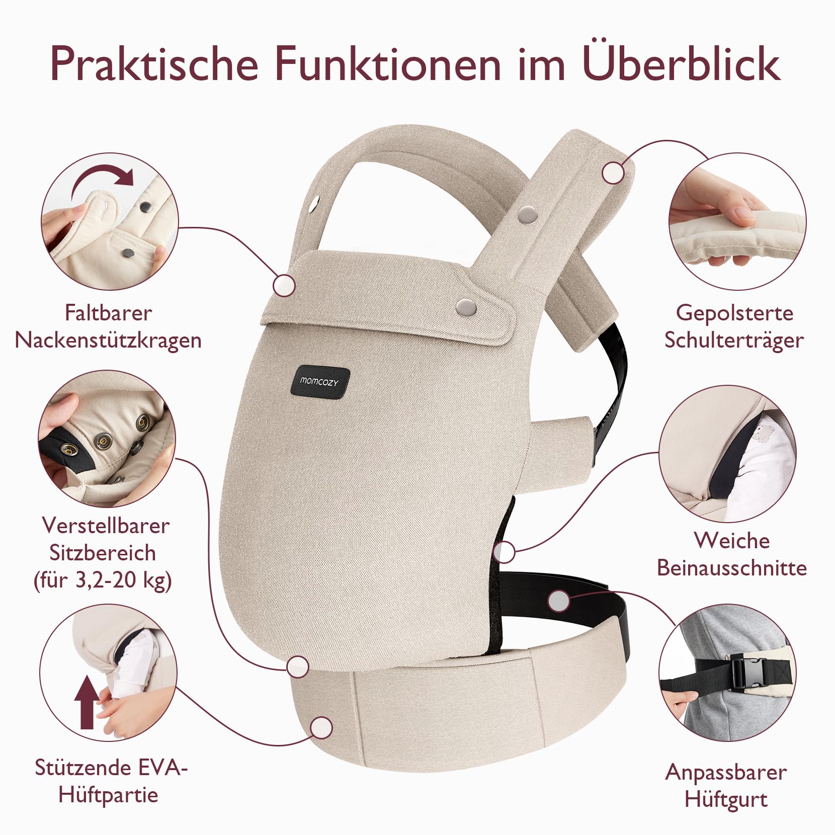 Momcozy Babytrage aus 100% Baumwolle – Baby Carrier für Kleinkind (3-24 Monate, 3,2-20 kg) · Ergonomische M-Position · X-Rücken · Taillengurt 64-127cm, Khaki