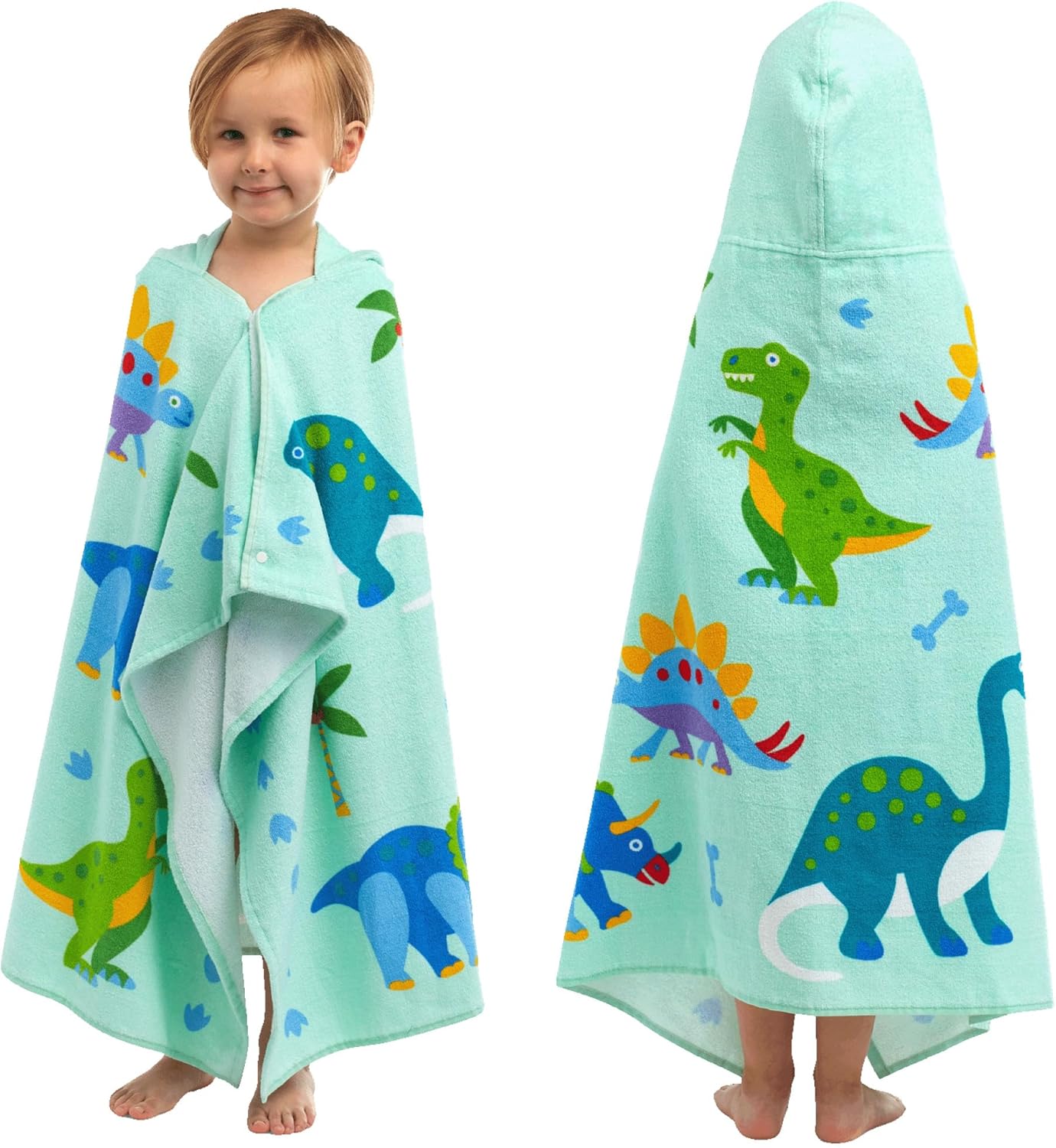 Wildkin Kids Hooded Beach Towel – 100% Cotton, Snap Front for Bath, Pool & Beach - Dinosaur Land