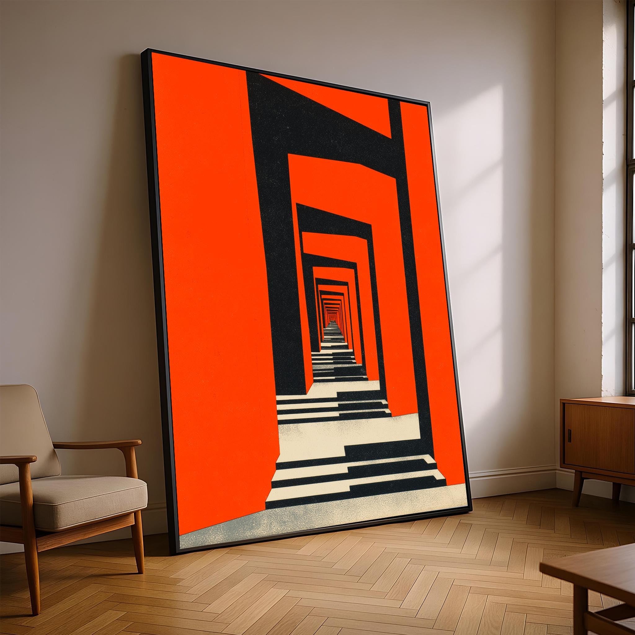 Tableau sur toile abstrait géométrique escalier affiche orange décoration murale - 8