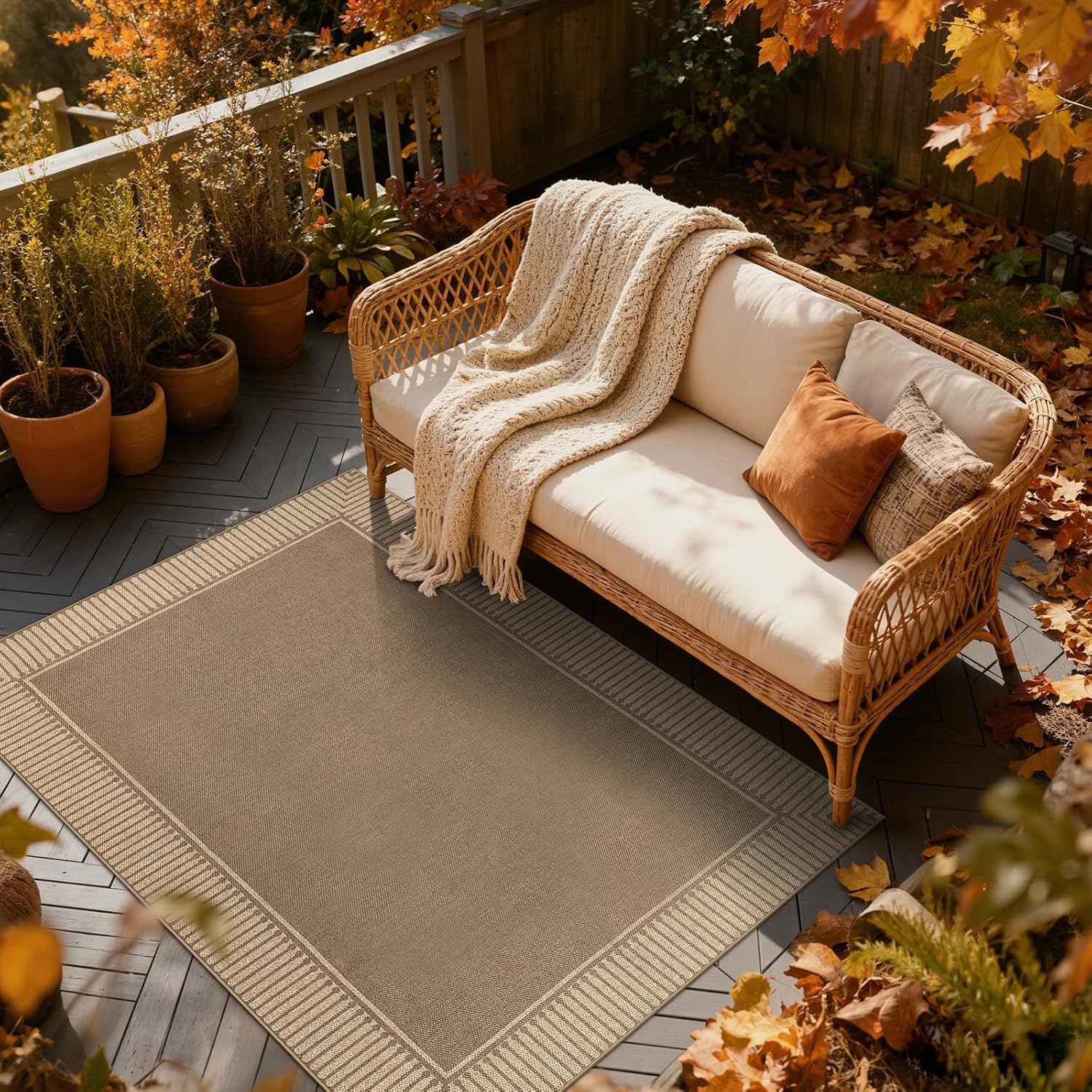 Moynesa Brown Striped Border Easy Jute Outdoor Indoor 5x7 Area Rugs for Living Room, Washable Non Slip Rug for Backyard Patio Balcony Dining Room Bedroom, Farmhouse Carpet for Fall Winter Decor