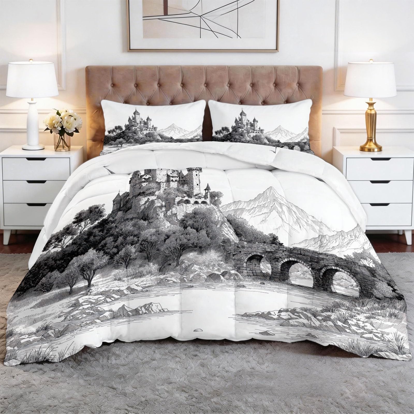 Schloss Steinbrücke Fluss Bettdecke 200 x 200 cm 4 Jahreszeiten Steppdecke, Tuschezeichnung Waschbare Ganzjahresdecke Jugendlicher Bettwaren Set Kinderzimmer Jungenzimmer Bettdecke Ohne Bezug