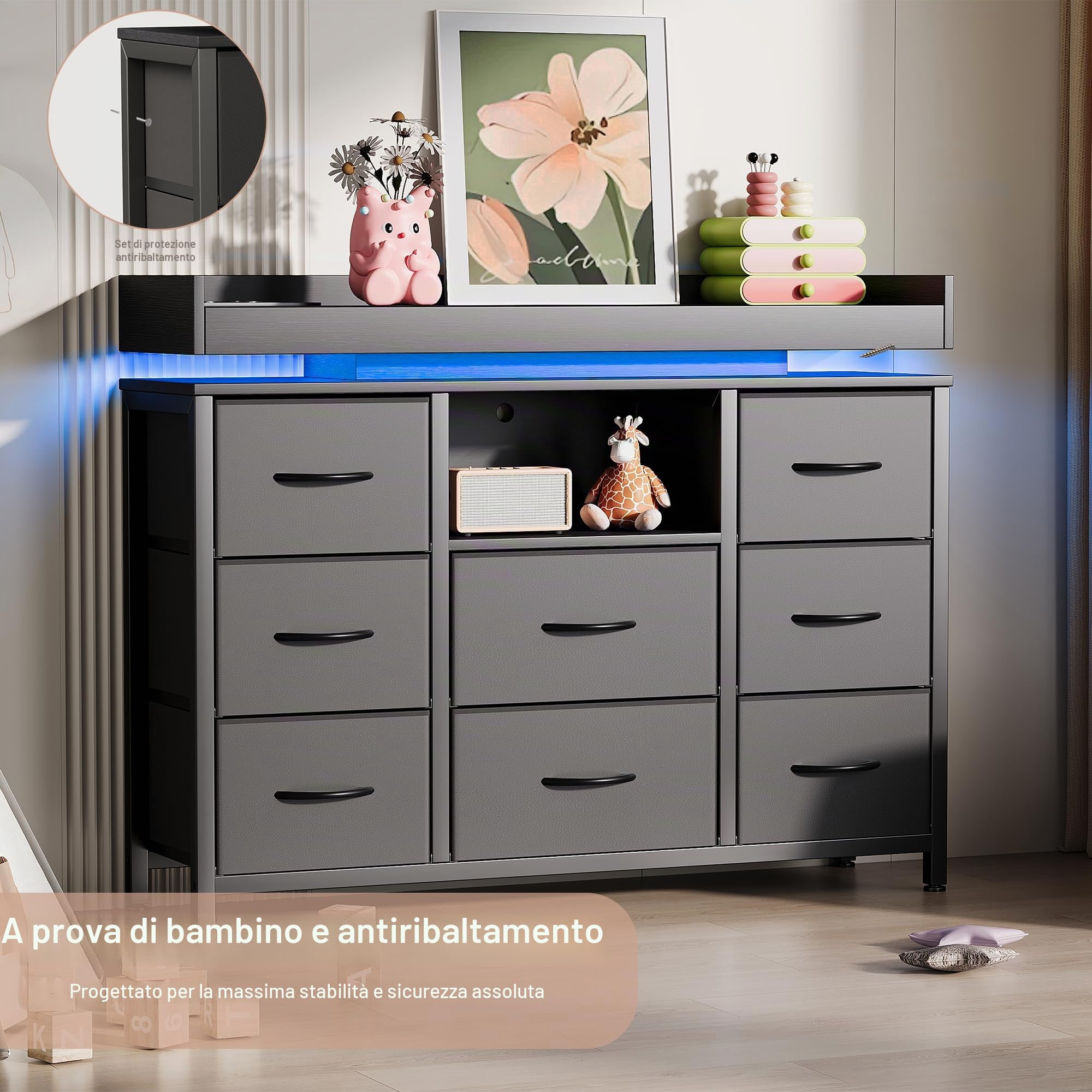 Cassettiera con 8 cassetti, in tessuto con illuminazione a LED, credenza con porte di ricarica USB, armadietto portaoggetti per camera da letto, soggiorno e corridoio (nero, 8 cassetti)