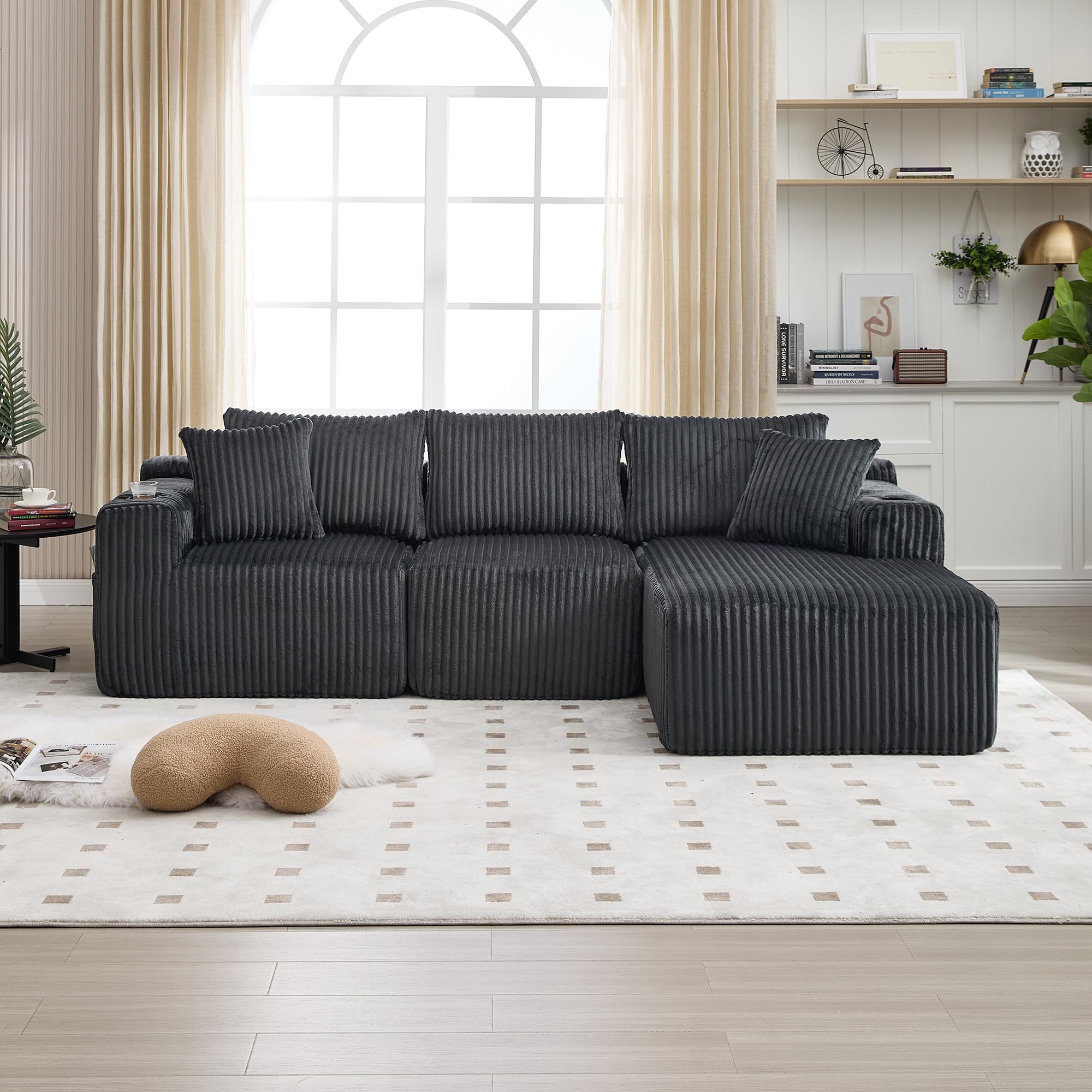 Ball & Cast L-förmiges Eckcouch mit Schlaffunktion, 3-Sitzer Sofa mit 2 Getränkehalter aus Cordbezug für das Wohnzimmer Wohnung Studio, 257 x 62 x 160 (BxHxT), Grau