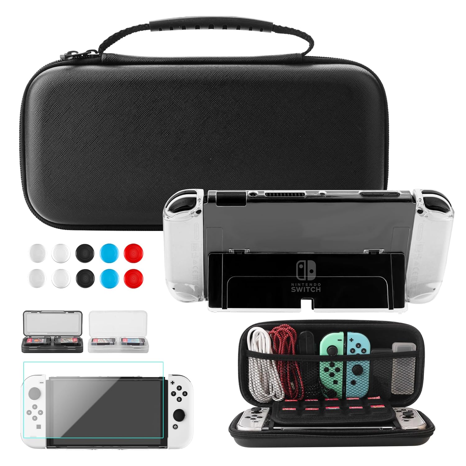 FUNDIARY Black Carrying Case for Nintendo Switch OLED, Shockproof Accessories Kit with Portable Storage Case, Dockable Clear Protective Shell, HD Screen Protector, 2 Game Card Holder and 10 Thumb Caps