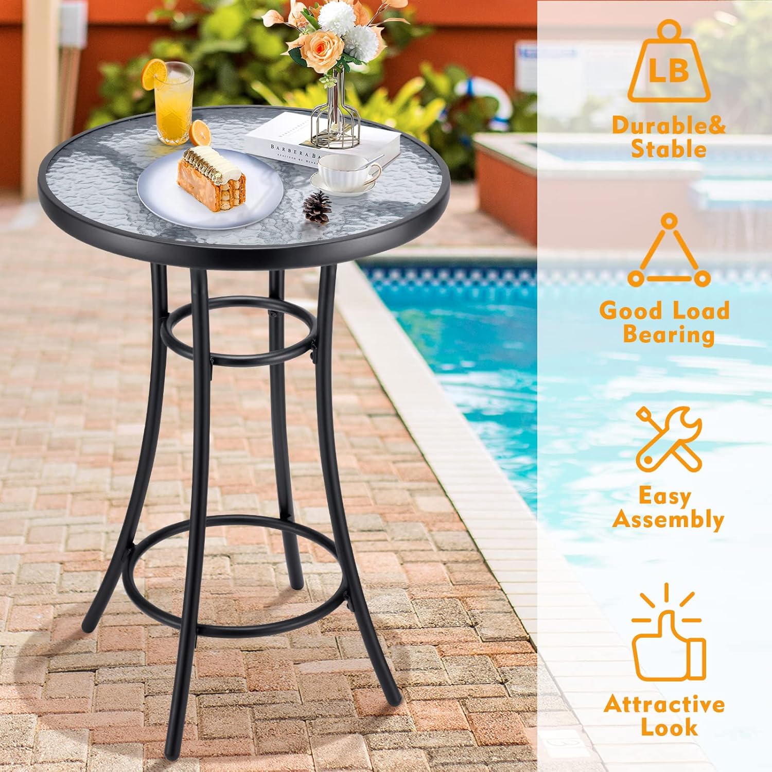Bar Height Patio Glass Table, Outdoor Bar Height Glass Table, 2-Tier High Top Outdoor Table, Metal All-Weather Round Glass Table, Bistro Table Tempered Glass Top for Balcony Backyard Pool, Black : Patio, Lawn & Garden