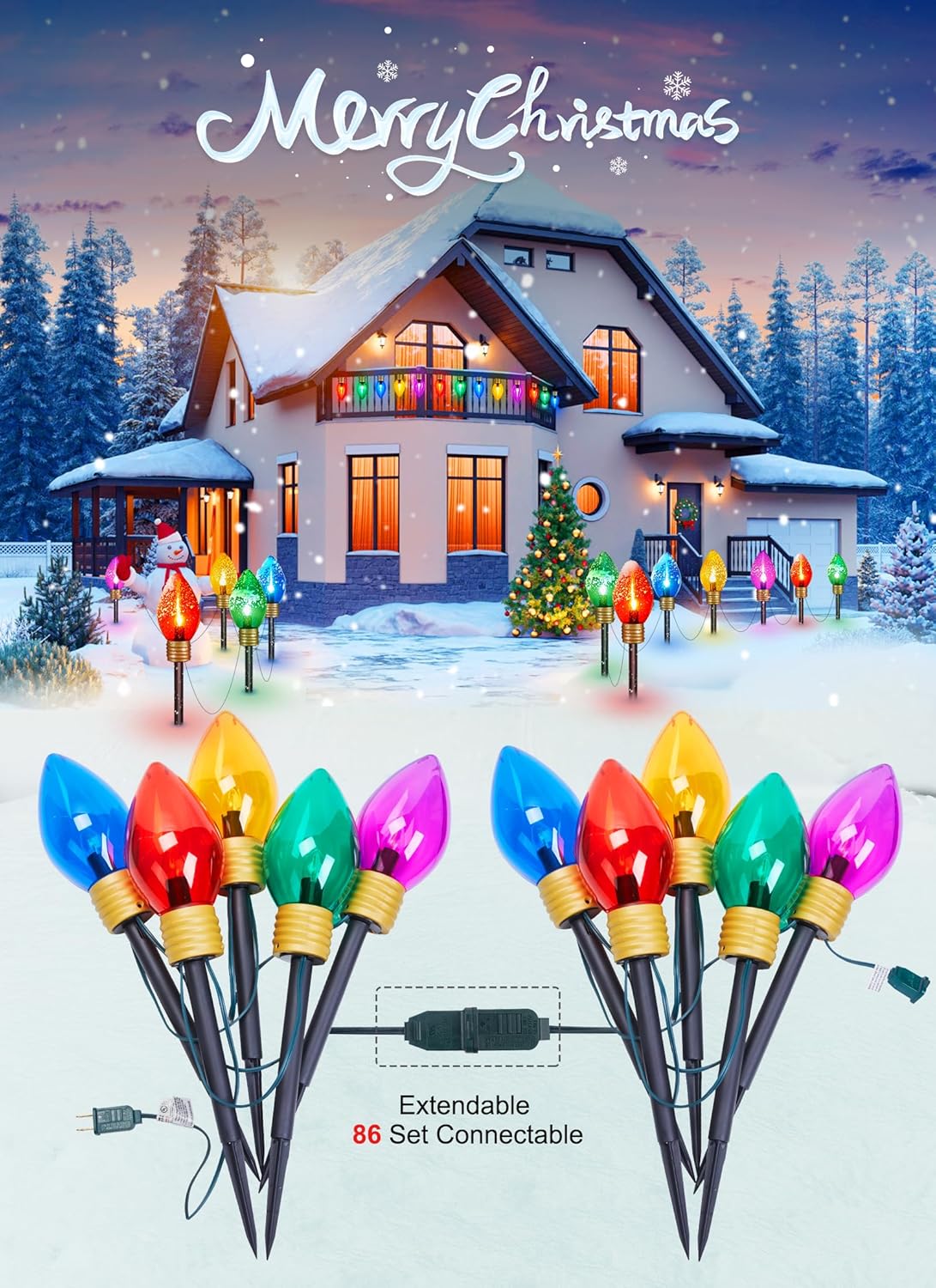 Christmas Lights Jumbo C9 Outdoor Lawn Decorations with Pathway Marker Stakes, 2 Pack 8.5 Feet String Lights Covered Jumbo Multicolored Light Bulb for Holiday Outside Yard Garden Decor, 10 Lights
