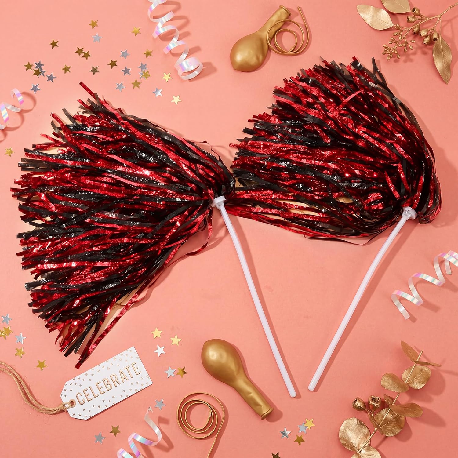 Vinsot 40 Pcs Cheerleading Pom Poms Bulk, Metallic Foil School Spirit Shakers Cheer Pom Poms with Plastic Long Handles for Football Basketball Sports Dance Team Squads Fan Celebration