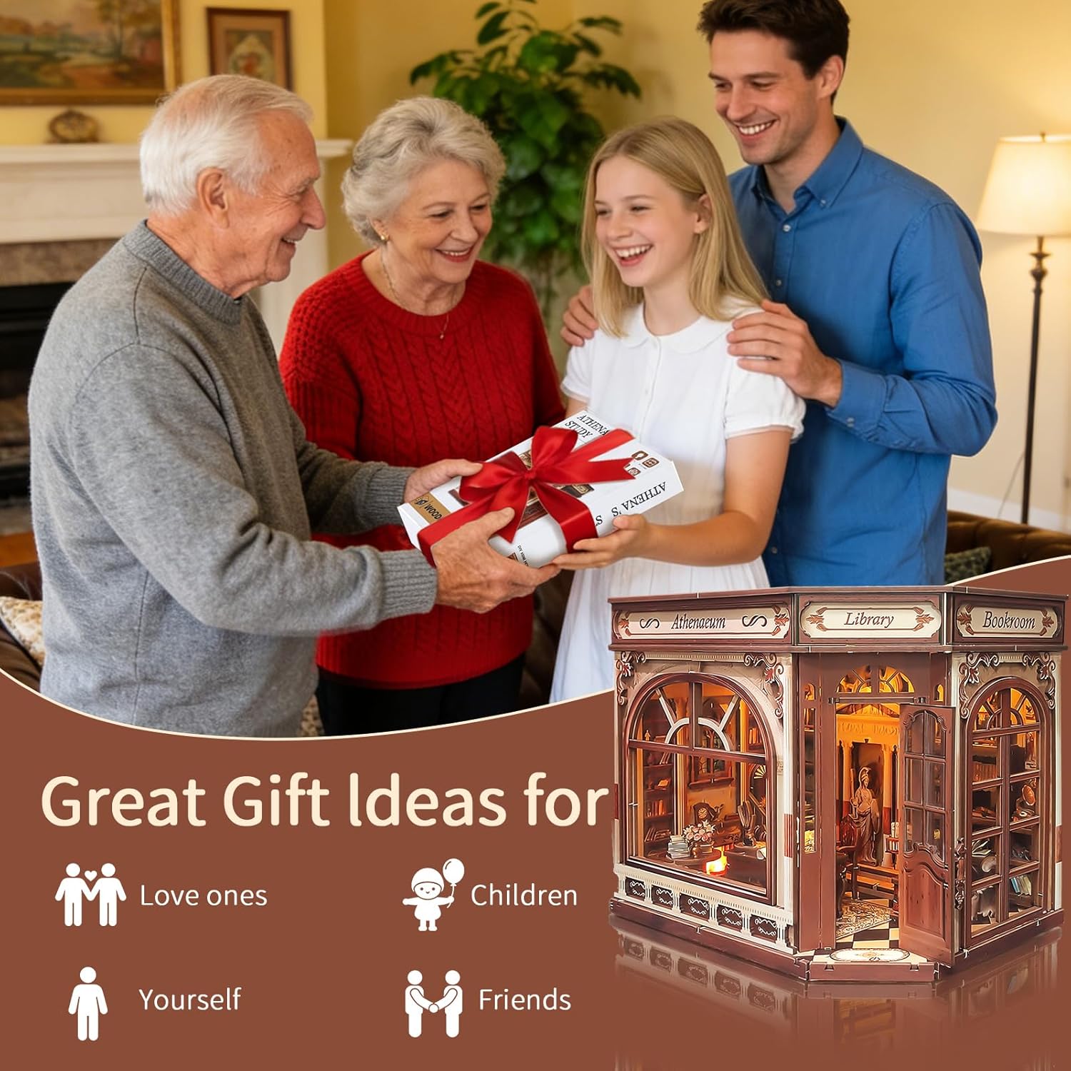 BELEEV Book Nook Kit - DIY Miniature Wooden Booknook with LED Lights, Openable Door 3D Puzzle Bookend Bookshelf Decor Gift for Adults Teens - Athena's Library