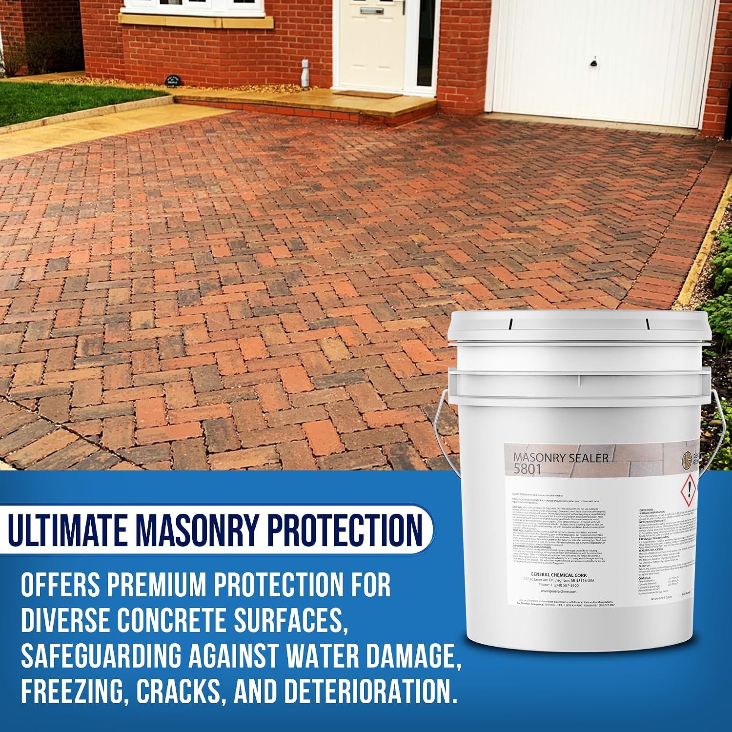 DeckGeneral Masonry Sealer 5801 - Clear Concrete Sealant & Waterproof Sealer for Stone, Brick & Mortar - Silane Siloxane Coating for Driveways, Sidewalks, Patios & More (5 Gallon)