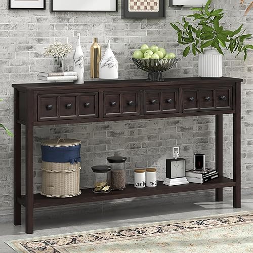 P PURLOVE Mesa consola rústica de entrada, mesas de sofá estrechas y largas de 60 pulgadas con dos cajones de diferentes tamaños y 1 estante, mesa