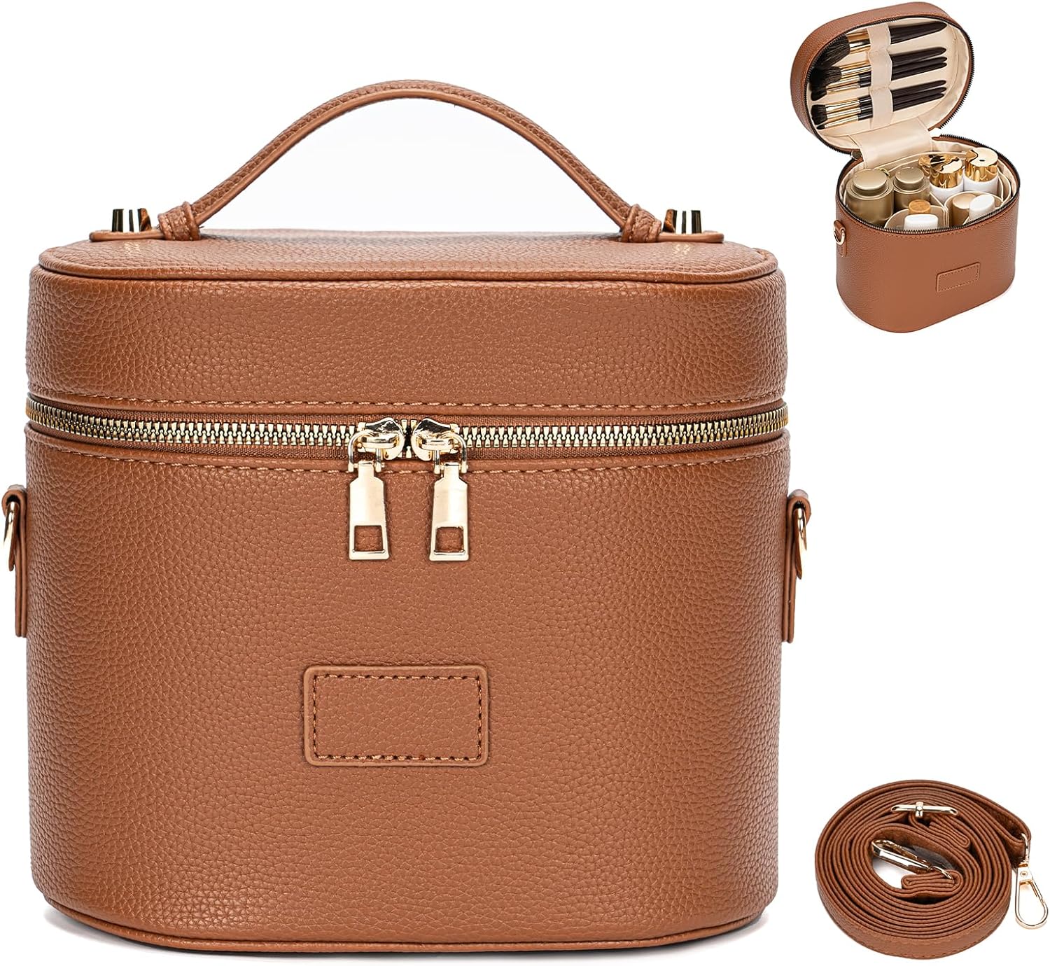 Leather Vanity Case Makeup Bag with Removable Divider, Washable Compartments, Dual Zipper & Carry Handle – Travel Toiletry Organizer for Women