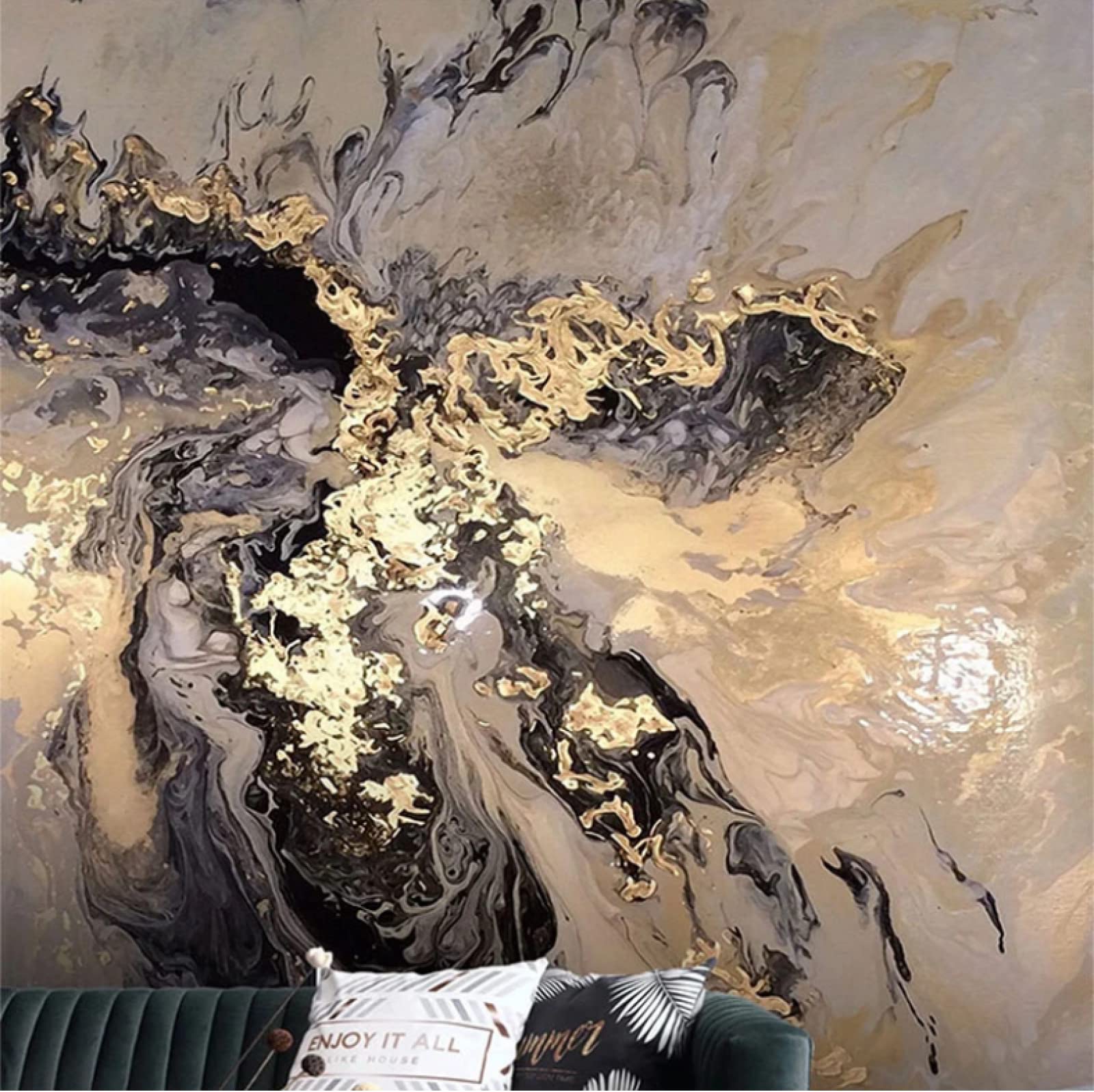 Papier Peint Soie Paysage Noir Doré Abstrait Éclaboussures D'Encre