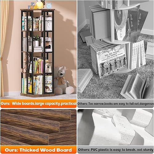Miniatura 7 de Aheaplus Rotating Bookshelf, Corner Bookshelf, 360 Display Wood Spinning Bookshelfs, Floor Standing Bookcase Narrow Shelf Revolving Organizer Marrón