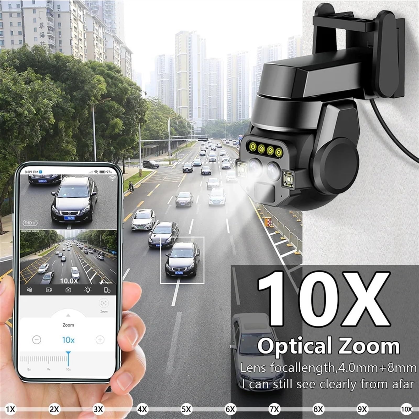 Kamera bezpieczeństwa, Kamera z podwójnym obiektywem 6 MP HD 10-krotny zoom Zewnętrzny PTZ AI Detekcja mobilna Inteligentne śledzenie Kolorowe światło Monitorowanie noktowizyjne(6MP Camera Add 32GB)