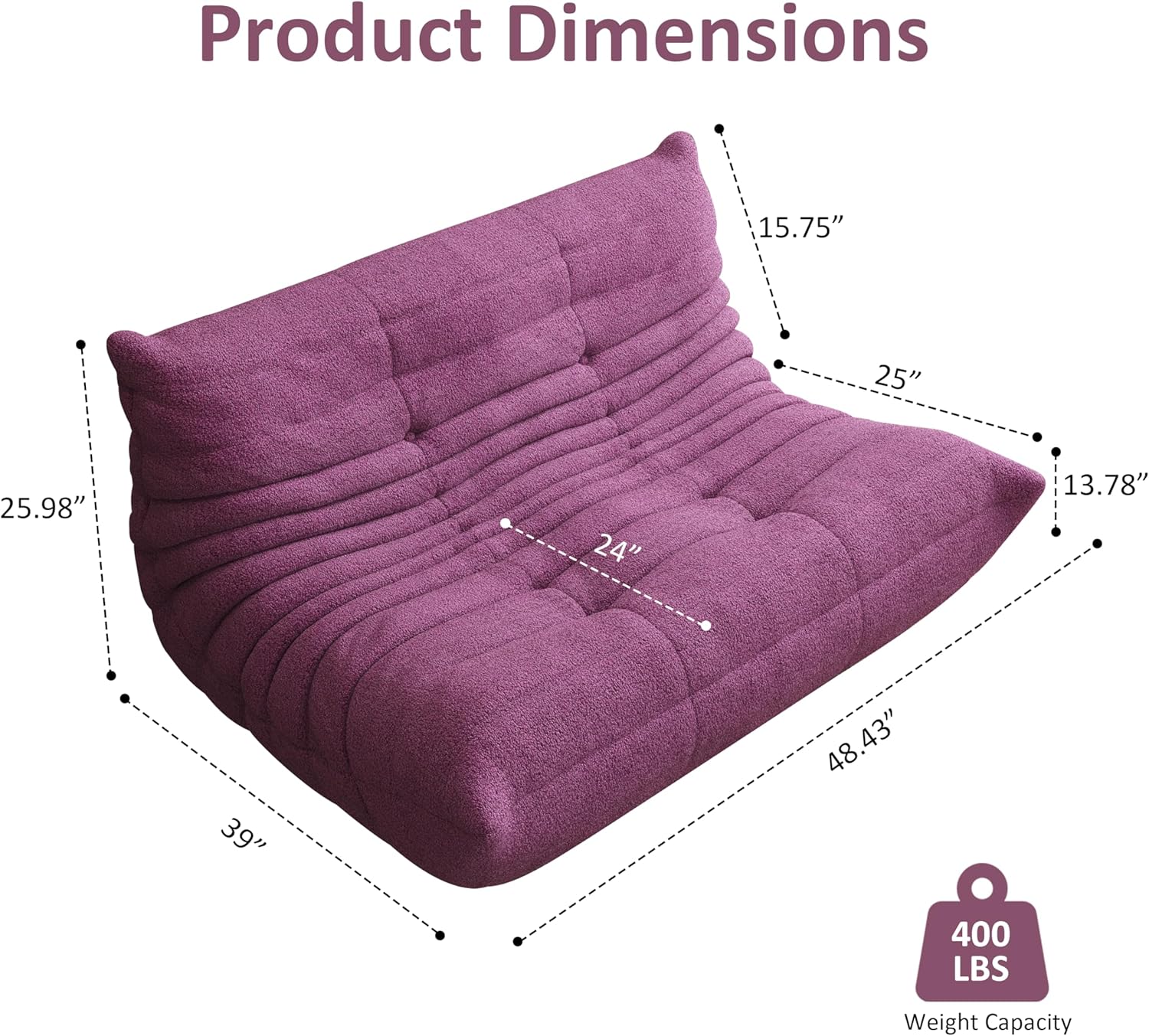 Bean Bag Chair, Cozy Memory Foam Bean Bag Chairs for Adults, Comfy Fireside Accent Chair Lazy Floor Chair for Gaming Bedroom Living Room (Purple, Loveseat)