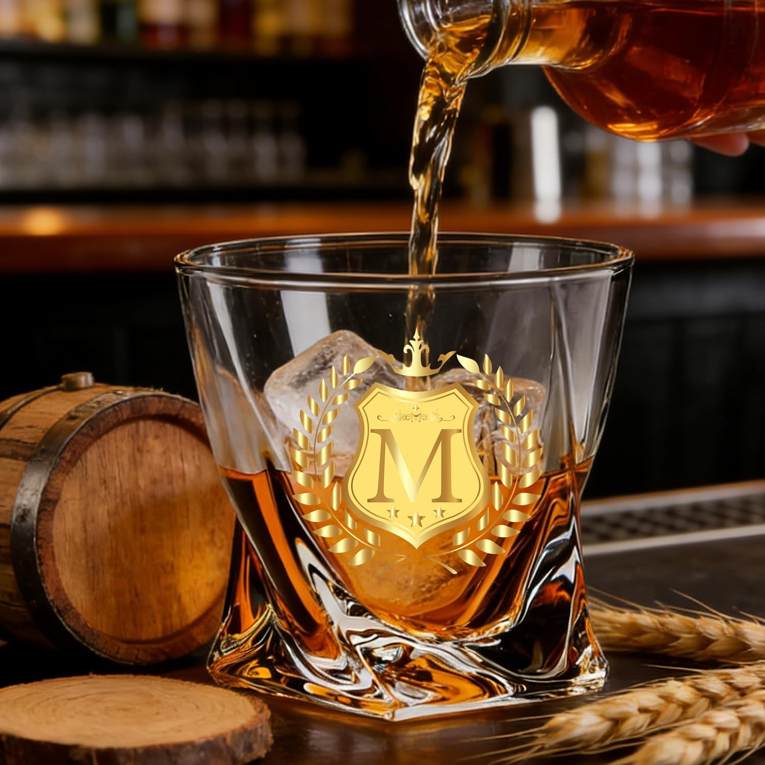 Monogrammed Whiskey Glass Gift Initial M for Man Woman | Personalized 10oz Gold Print Letter A-Z Wine Glasses Gifts Package Whisky Glass Greeting Card Set for Men Women