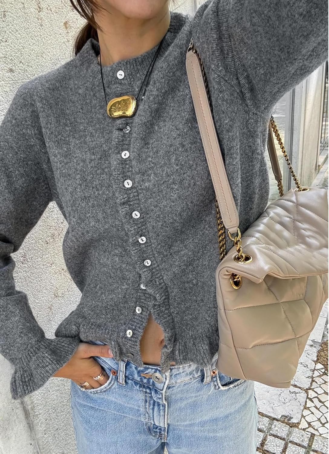 Wyeysyt Womens Cropped Cardigan Sweaters Ruffle Crewneck Button Down Cardigans 2026 - Image 4